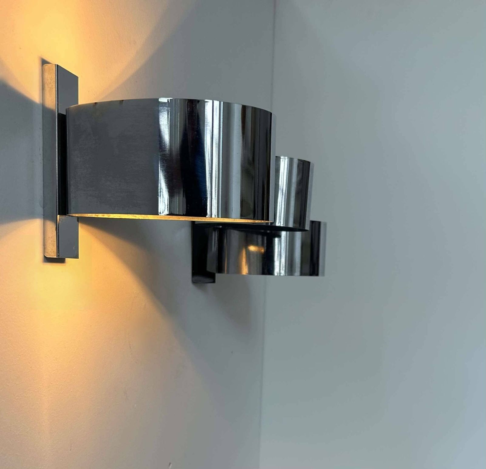 photo for sale Pair Of Vintage Wall Lights, Curved Chrome Metal, France 1970