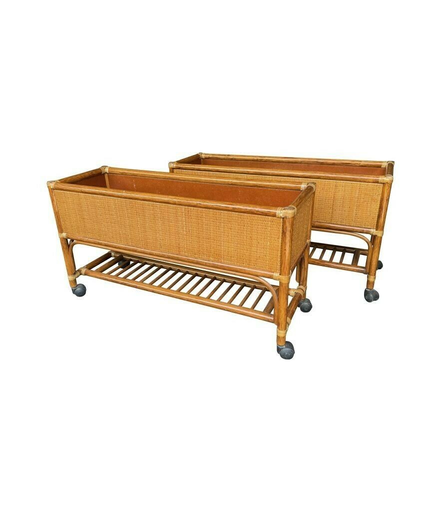A Pair Of Italian 1970s Bamboo And Rattan Planters On Castors photo vintage
