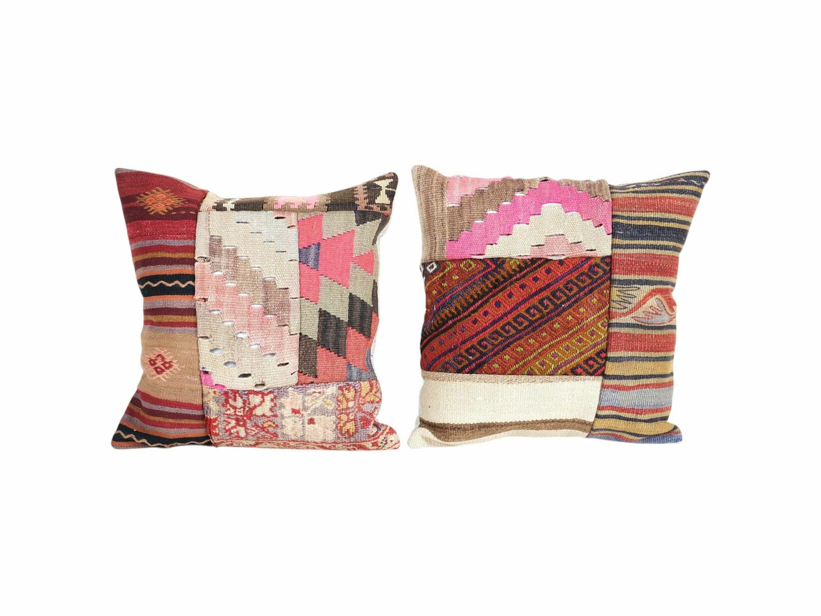 Vintage Turkish Patchwork Pillow, Set Of Two Bohemian Wool Designer Cushion Cover