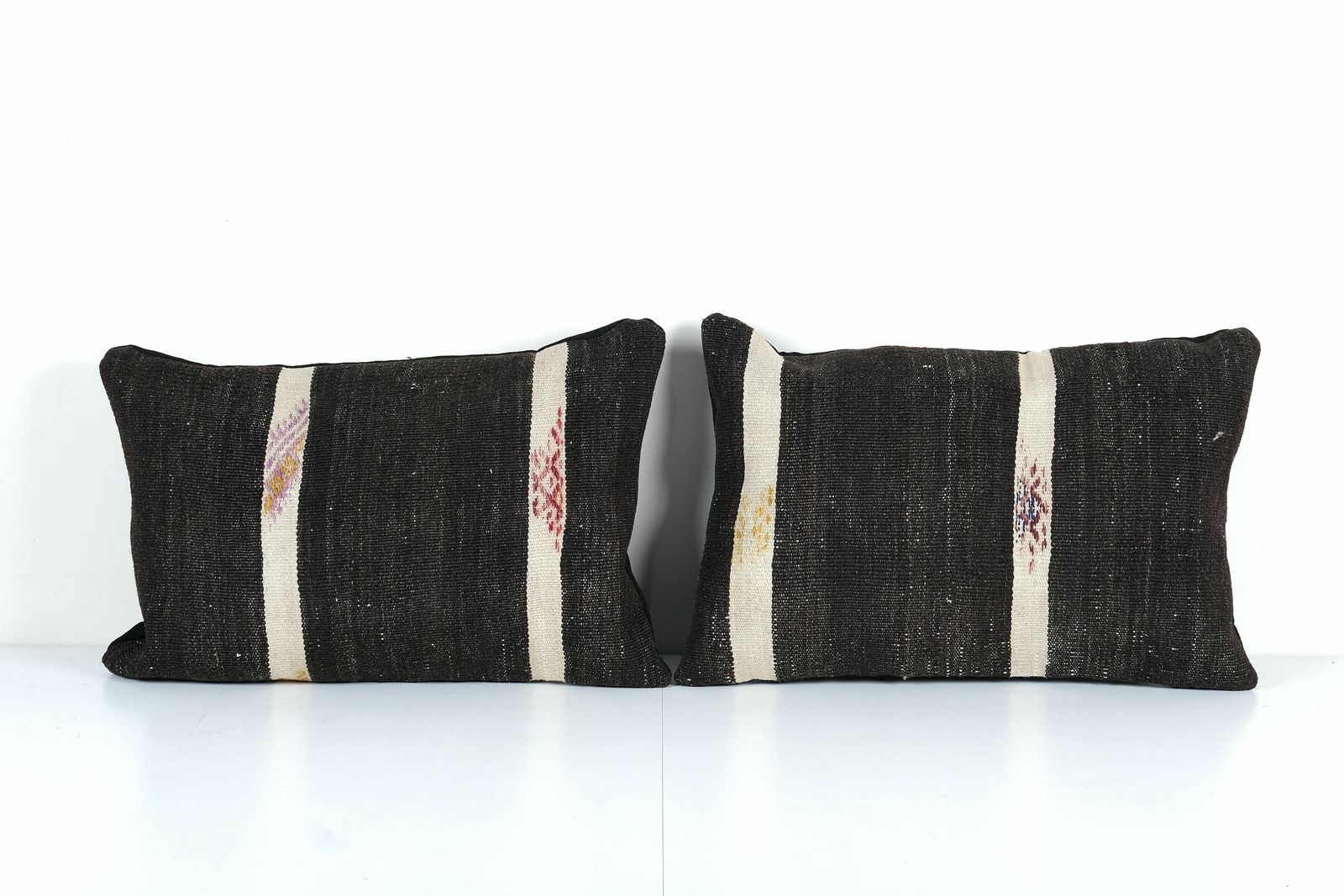 Striped Pillow Cases Fashioned Out Of A Mid 20th Century Anatolian Kilim, Set Of Two Lumbar Turkish Kilim Pillow Cover