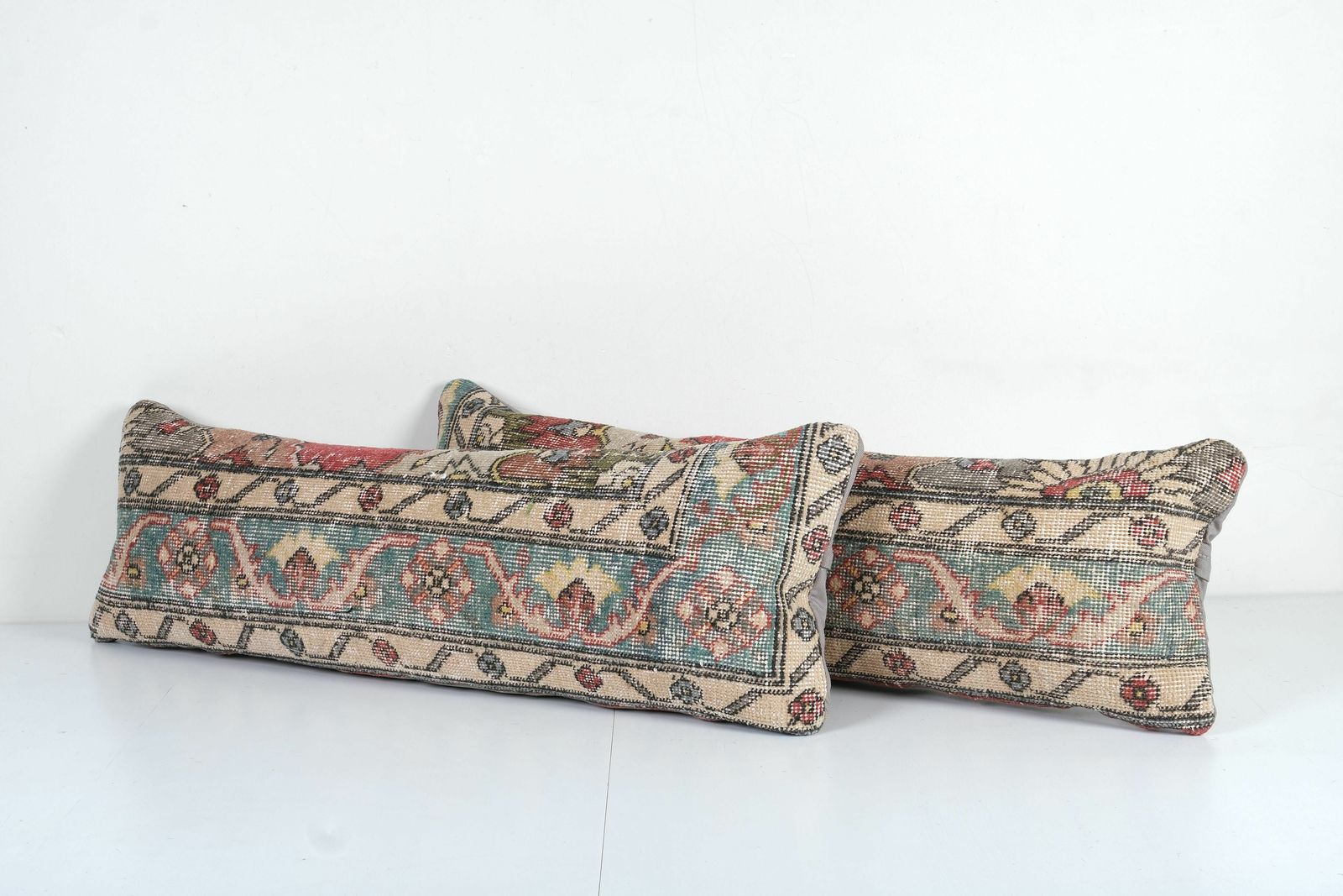 Faded Blue Lumbar Pillow, Faded Red Turkish Lumbar Pillow, Muted Ethnic Anatolian Carpet Cover, Oushak Pillow photo furniture