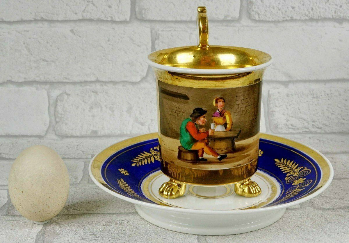Home Decor Large Tripod Chocolate Cup And Saucer In Paris Porcelain   Early 19th Century photo