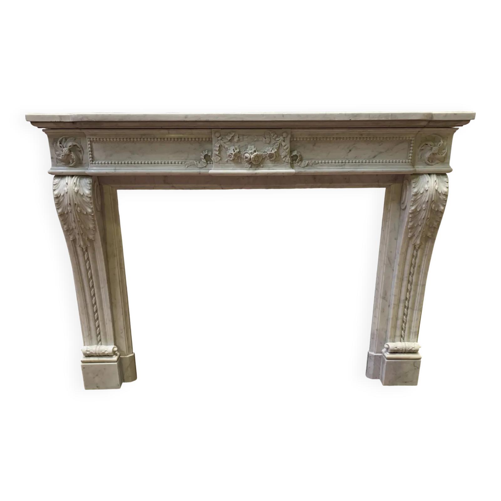 Louis XVI Style Fireplace In White Carrara Marble, 19th Century