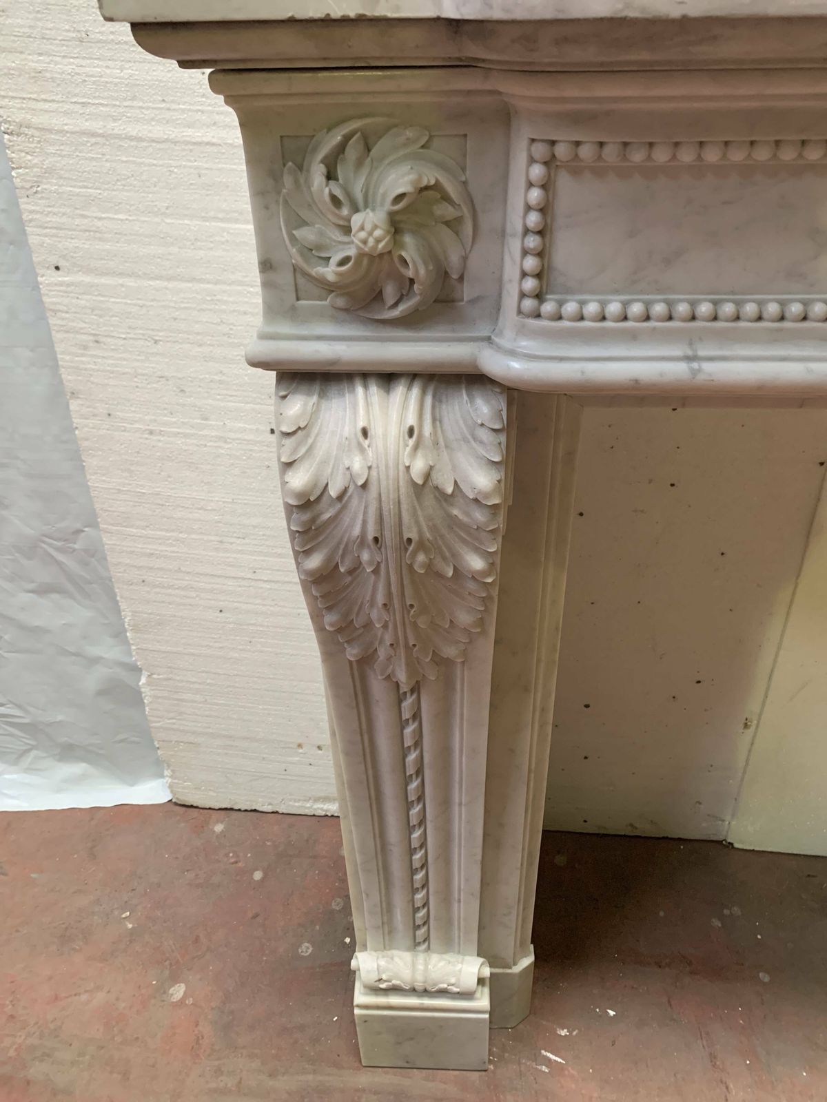 14602.5 Louis XVI Style Fireplace In White Carrara Marble, 19th Century photo