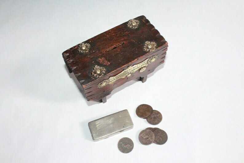 Antique Money Box 1894, Including Victorian Pennies. Unique Gift. photo 265.0