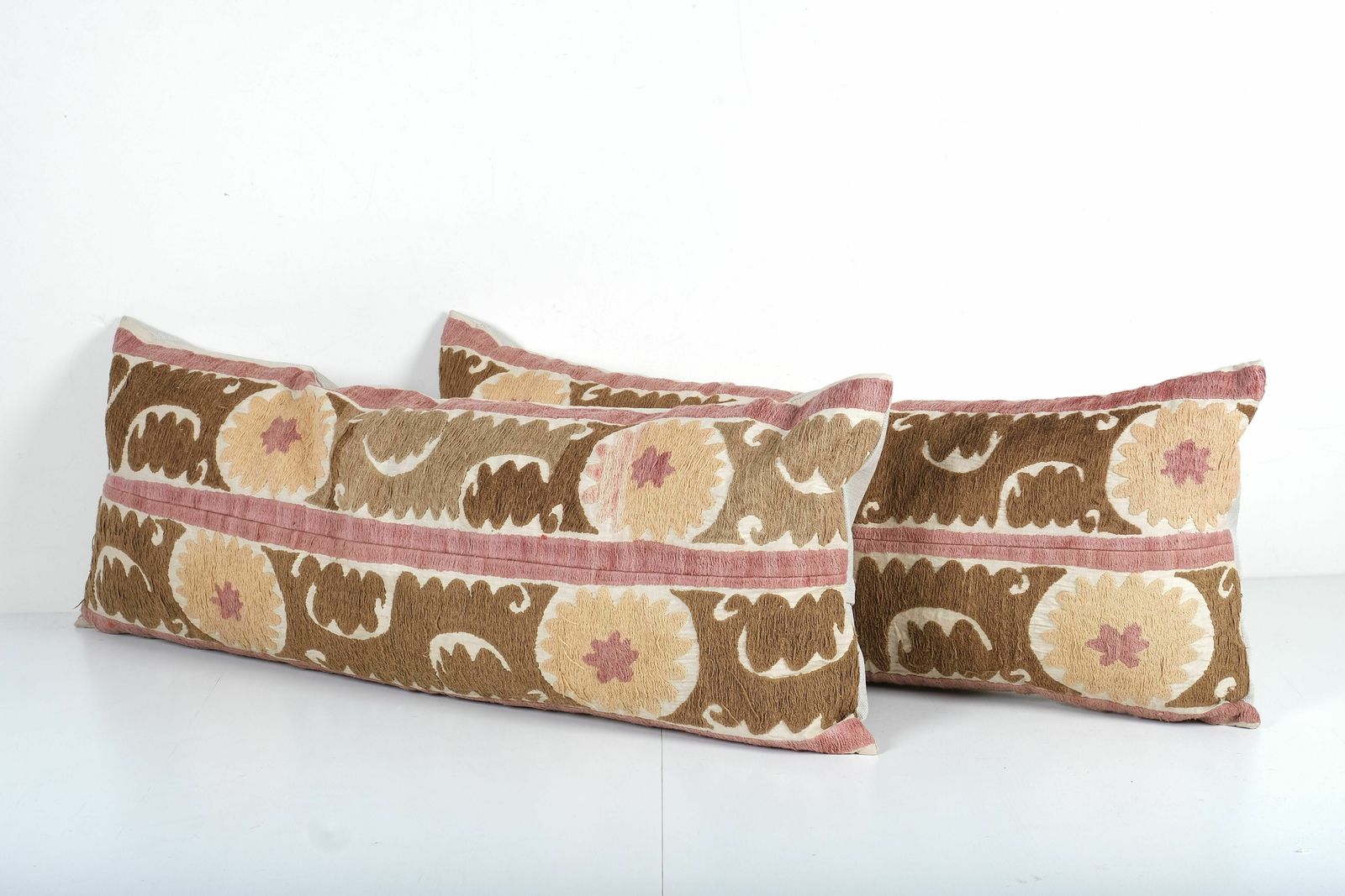 Vintage Suzani Lumbar Pillow Cover, Pair Faded Bedding Cushion Cover 1960s Handmade Samarkand Uzbek Suzani Textile Art photo for sale