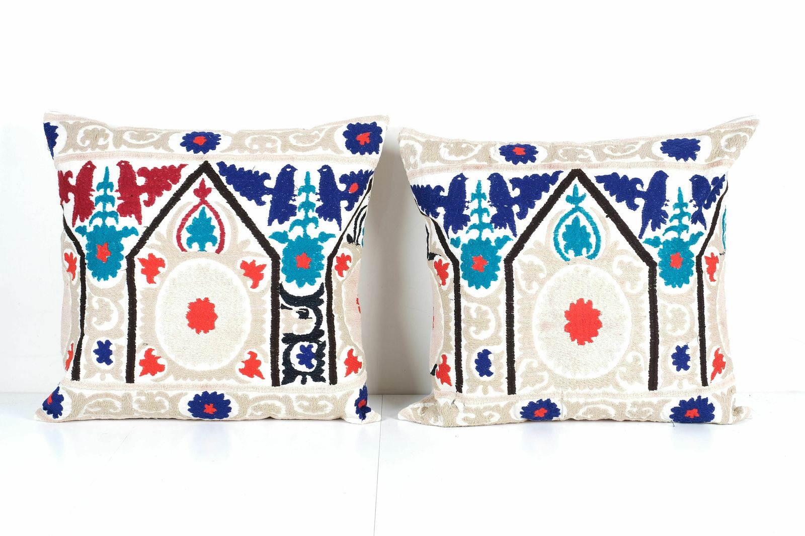 Square Exquisite White Washed Neutral Beige Terrific Art Accent Pillow Cover,  Blue Animal Suzani Cushion Cover