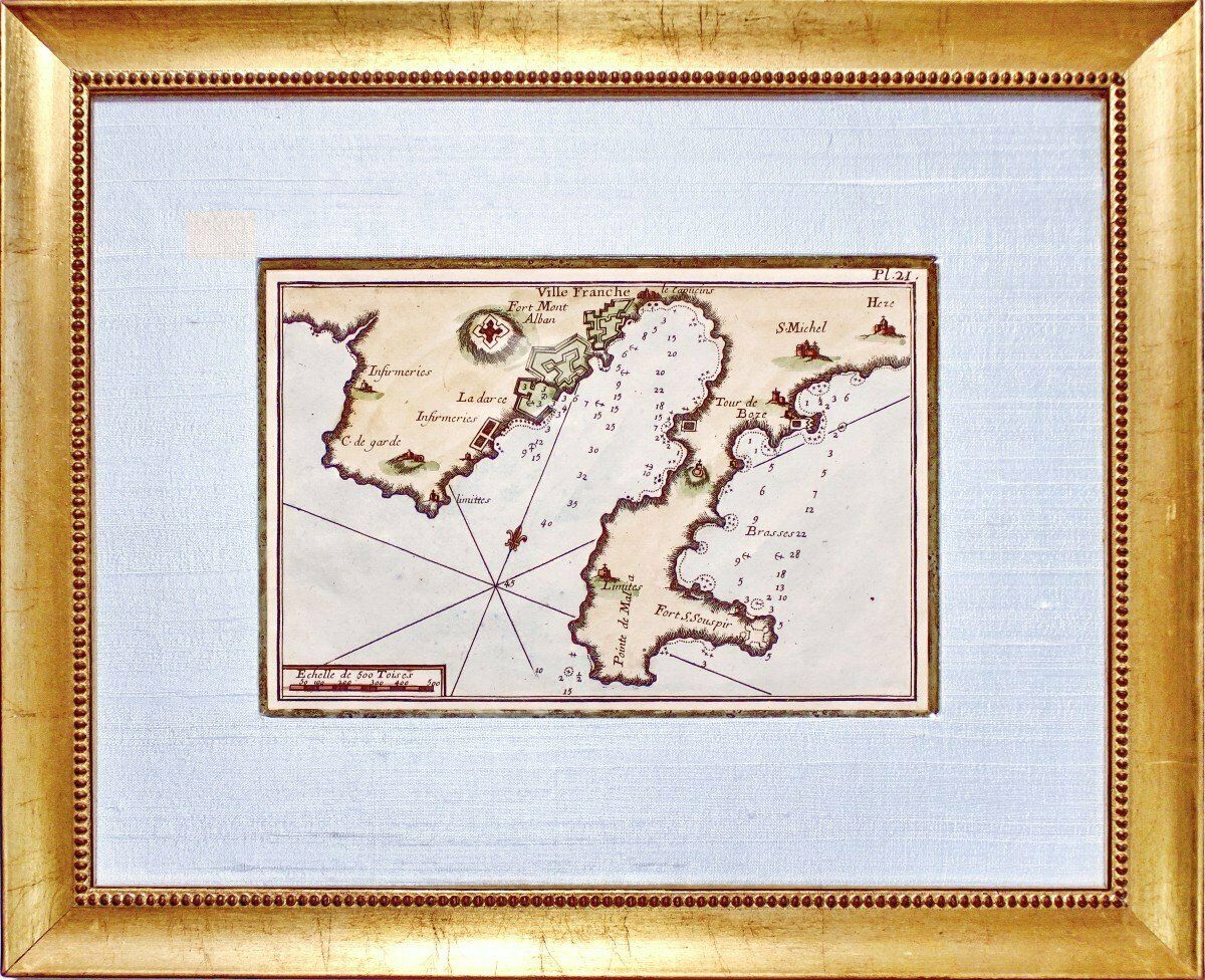 Rare Engraving Of A Marine Chart   Plan Of The Bay Of Villefranche Sur Mer   18th Century