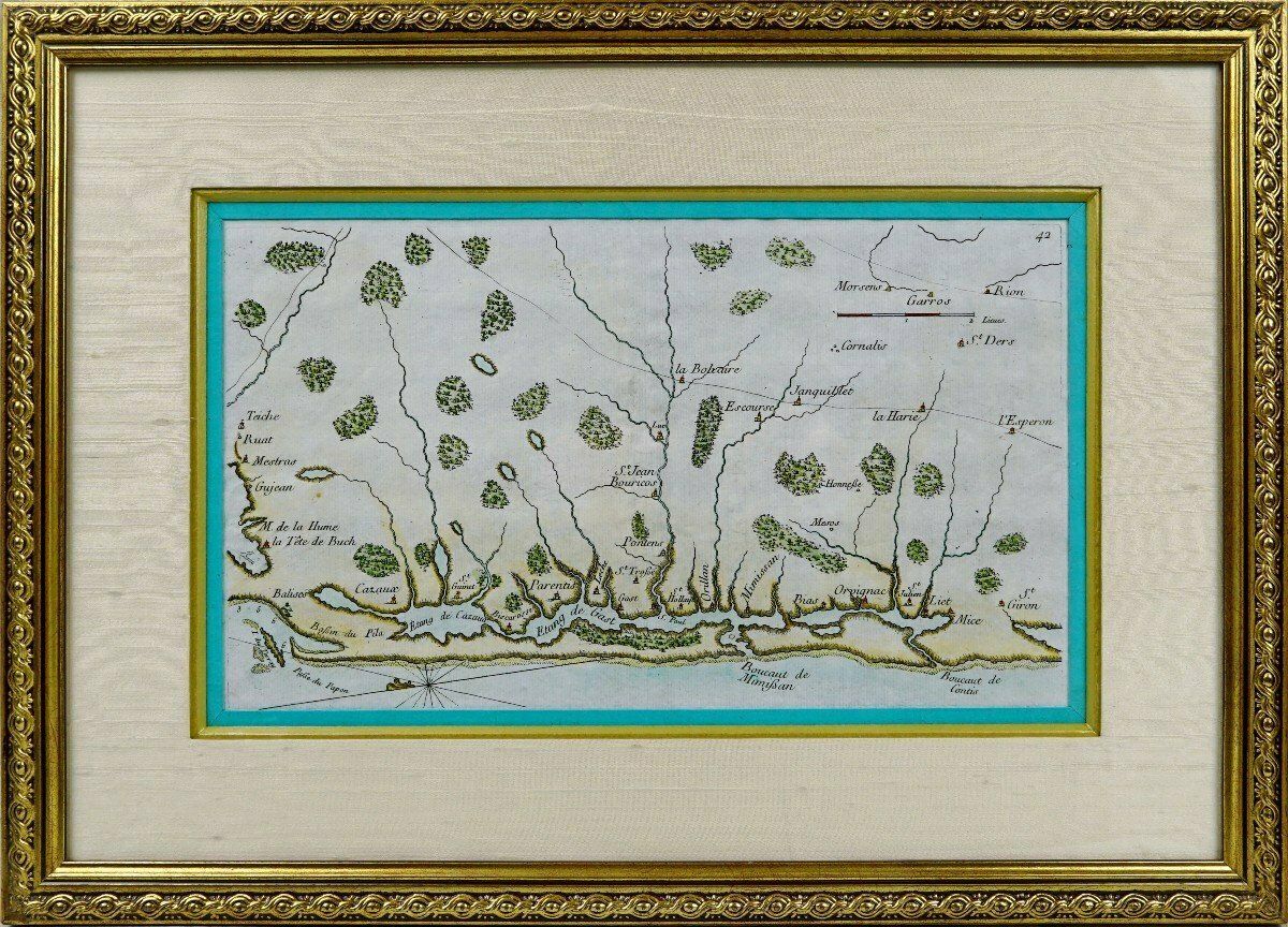 Rare Engraving Of A Marine Chart Of The Arcachon Basin   No. 42   18th Century