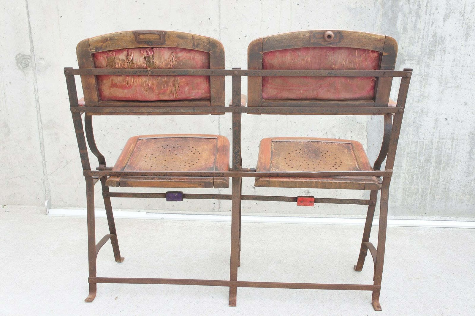 French Napoleon III 19th Century Metal, Wood, Red Velvet And Satin Cinema Seats photo vintage