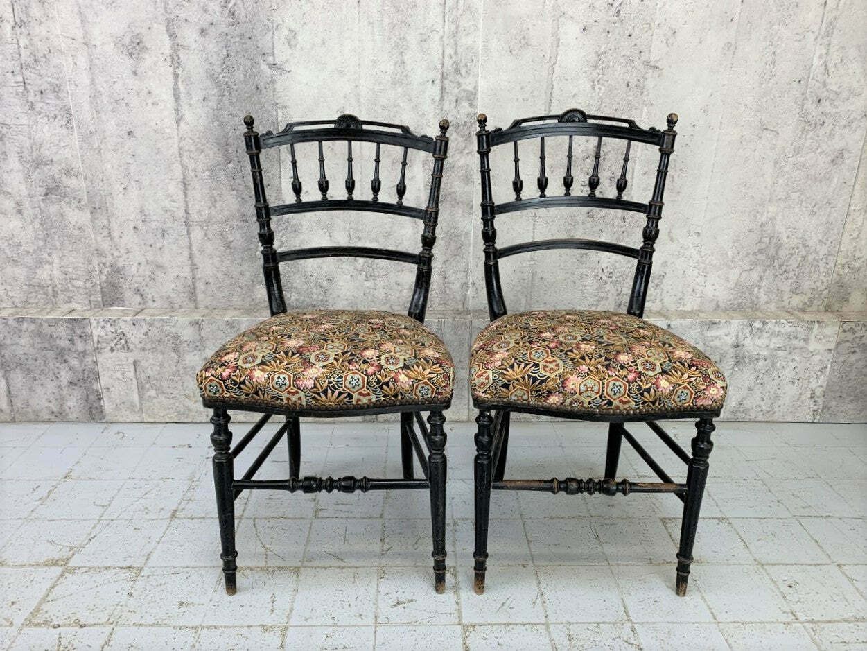 Pair Of Decorative Ebonised Napoleon III Hand Painted Bedroom Chairs photo furniture