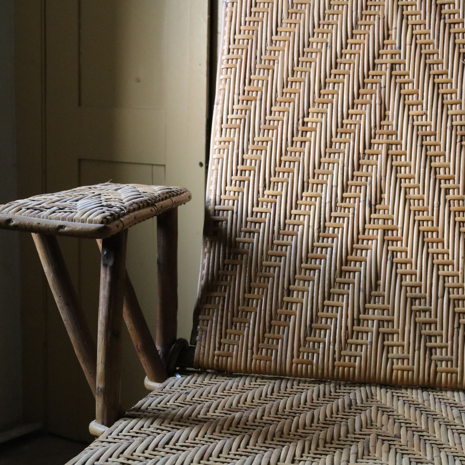 Vintage 1920s French Wicker And Bamboo Streamer Recliner Chair With Footrest photo Furniture