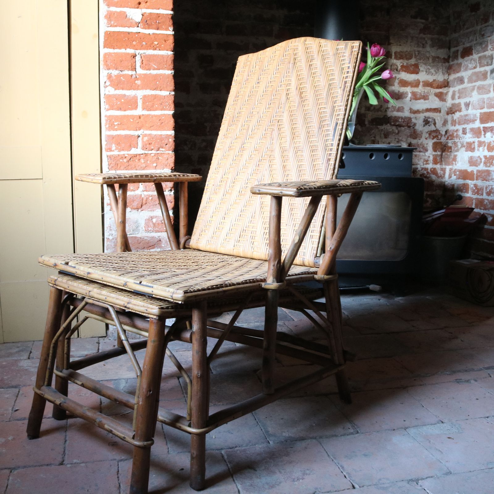 Vintage 1920s French Wicker And Bamboo Streamer Recliner Chair With Footrest photo vinterior