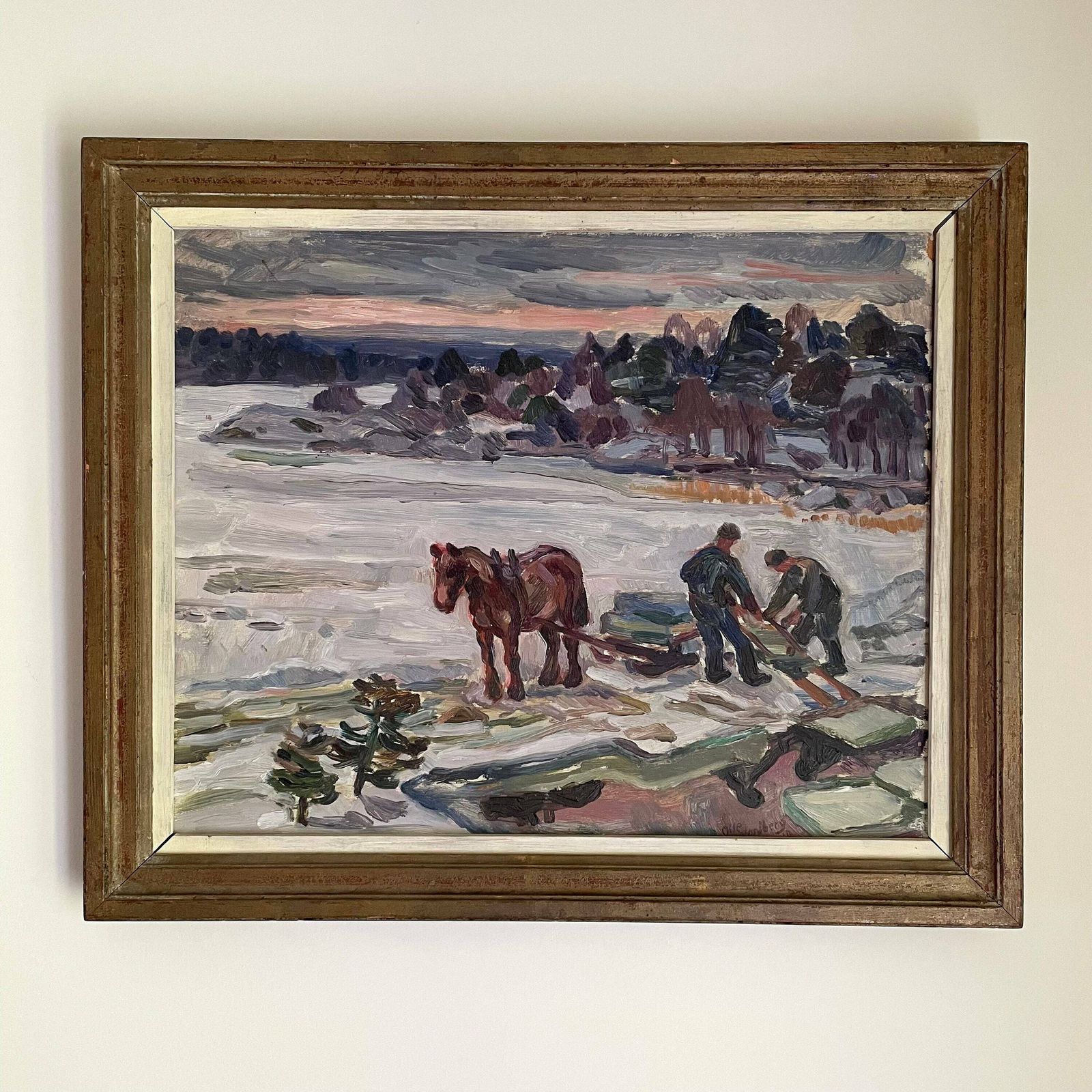 Vintage Original Oil Framed Swedish Painting Winter Snow Horse And Sleigh/Cart In Pastel Colours