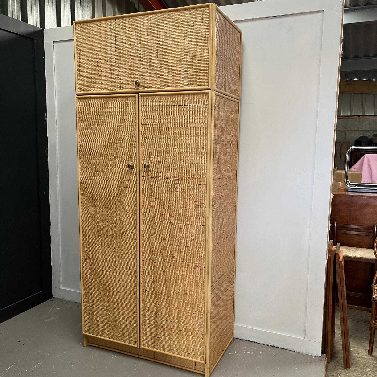 Vintage Rattan Double Wardrobe With Upper Storage Cupboard photo vinterior