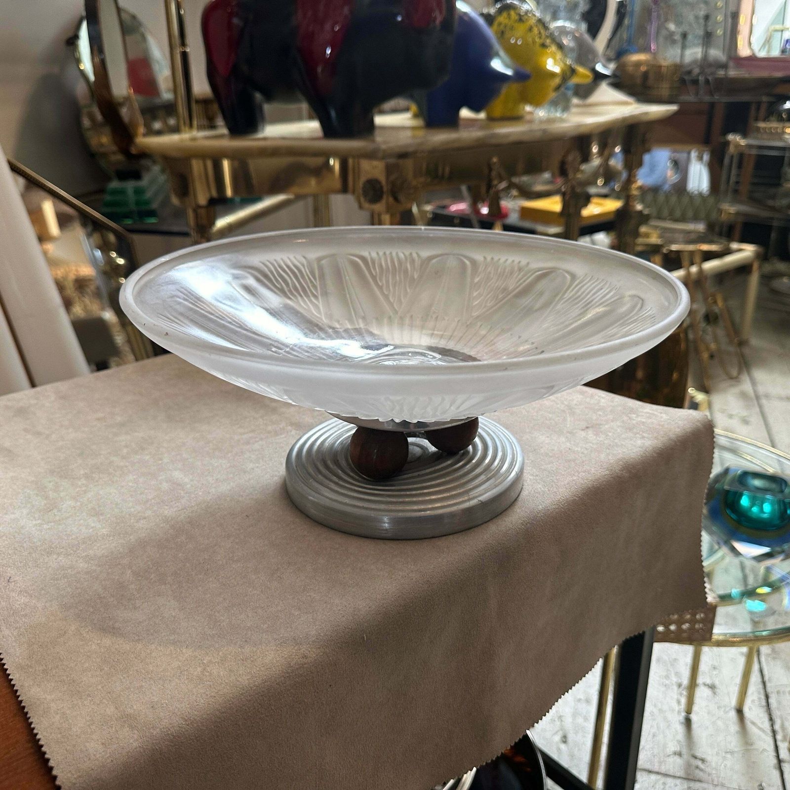 1930s Art Deco Aluminum Wood And Opalescent Glass French Centerpiece photo furniture