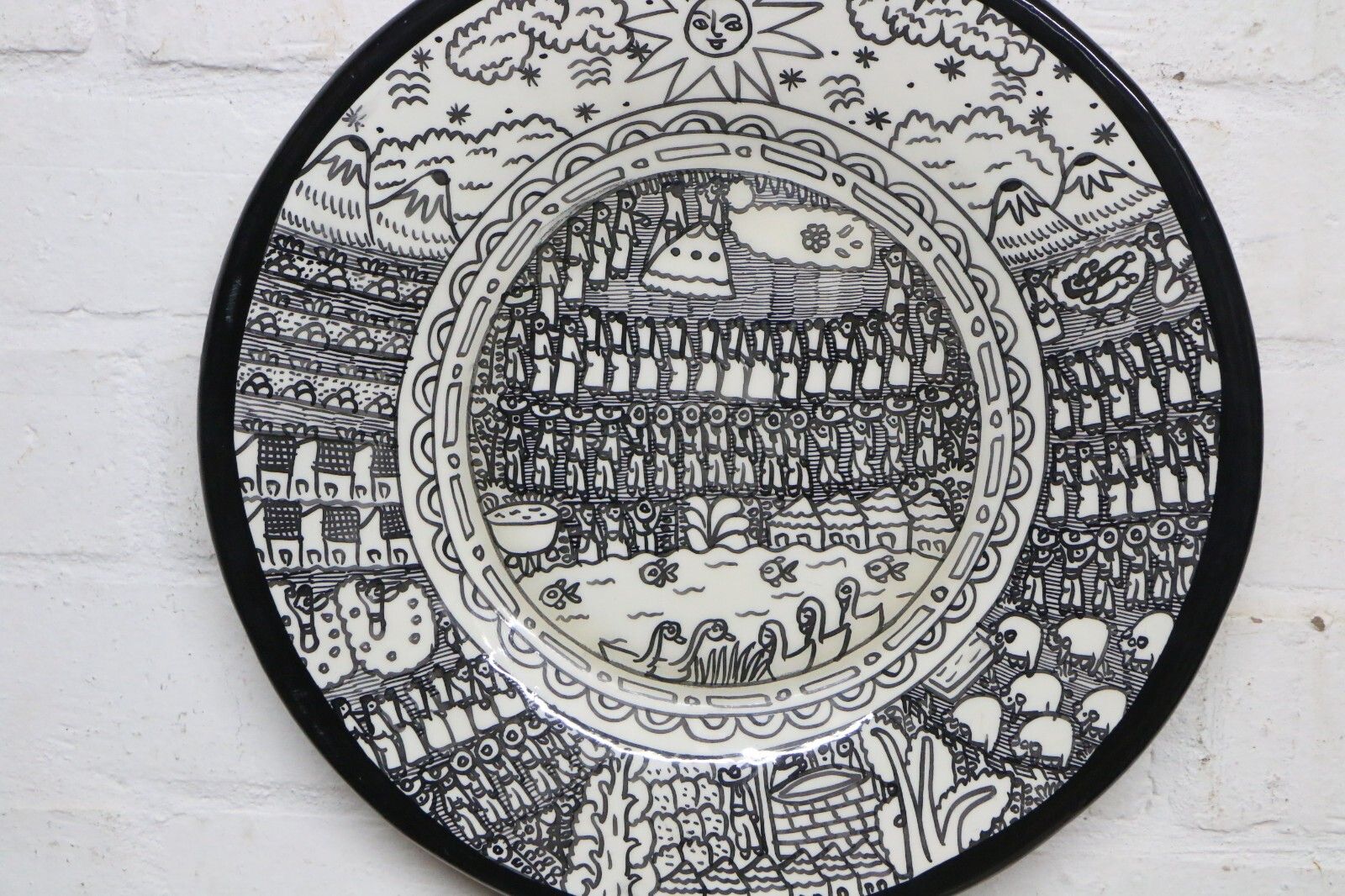 Vintage Mexican Pottery A Striking Black & White Narrative Dish Wall Hanging photo vinterior