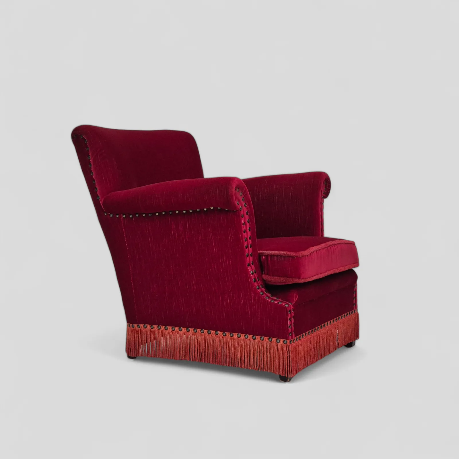 1970s, Danish Lounge Chair, Original Condition, Cherry Red Velour Fabric.