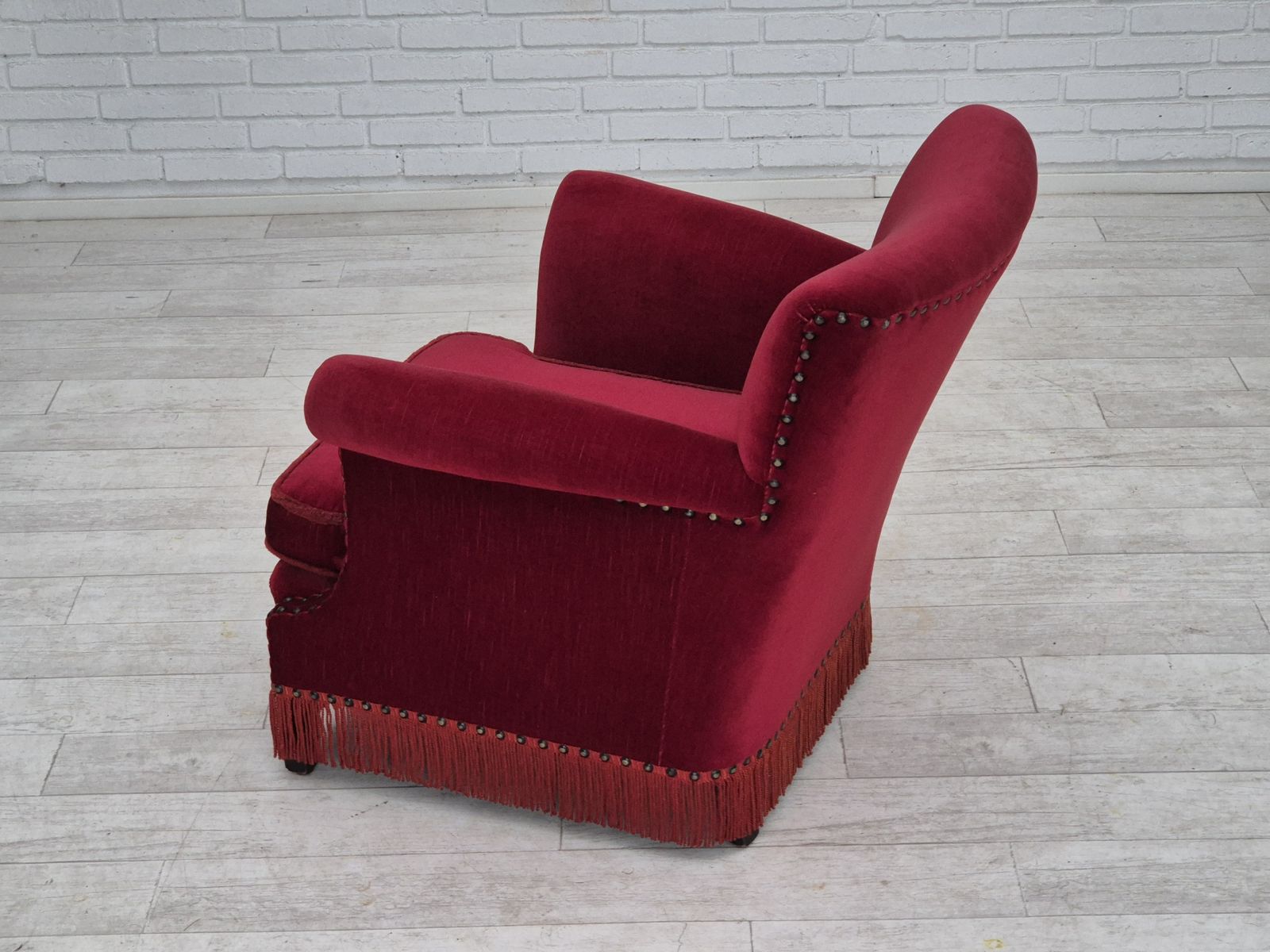 1970s, Danish Lounge Chair, Original Condition, Cherry Red Velour Fabric. photo Furniture