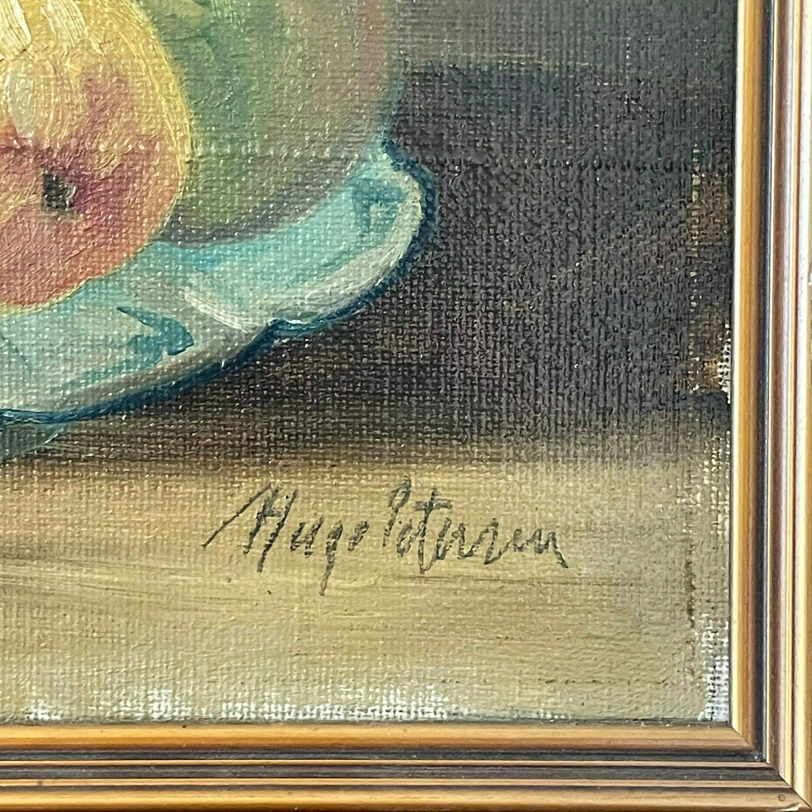 Stunning Vintage Still Life 1930s Original Oil Painting With Motive Of Fruit And Ceramic Vase In A Dark Setting Painted By Hugo Petersen photo for sale