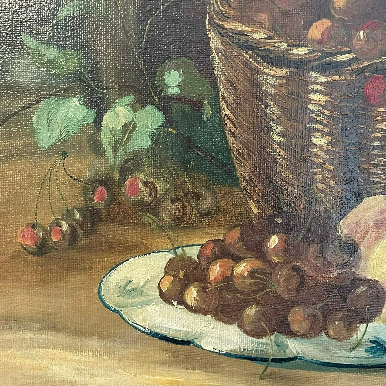 Stunning Vintage Still Life 1930s Original Oil Painting With Motive Of Fruit And Ceramic Vase In A Dark Setting Painted By Hugo Petersen photo Art