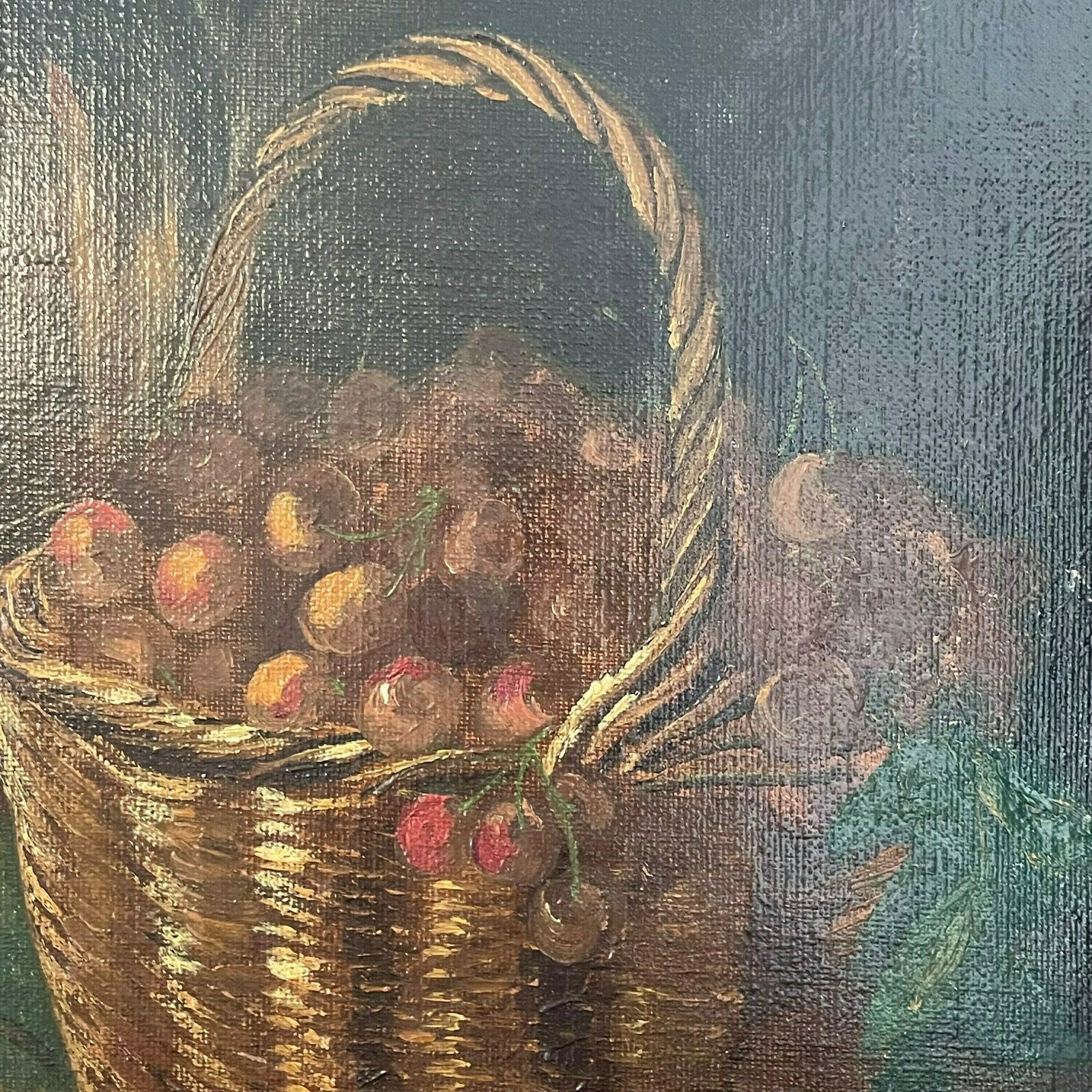 Stunning Vintage Still Life 1930s Original Oil Painting With Motive Of Fruit And Ceramic Vase In A Dark Setting Painted By Hugo Petersen photo vinterior