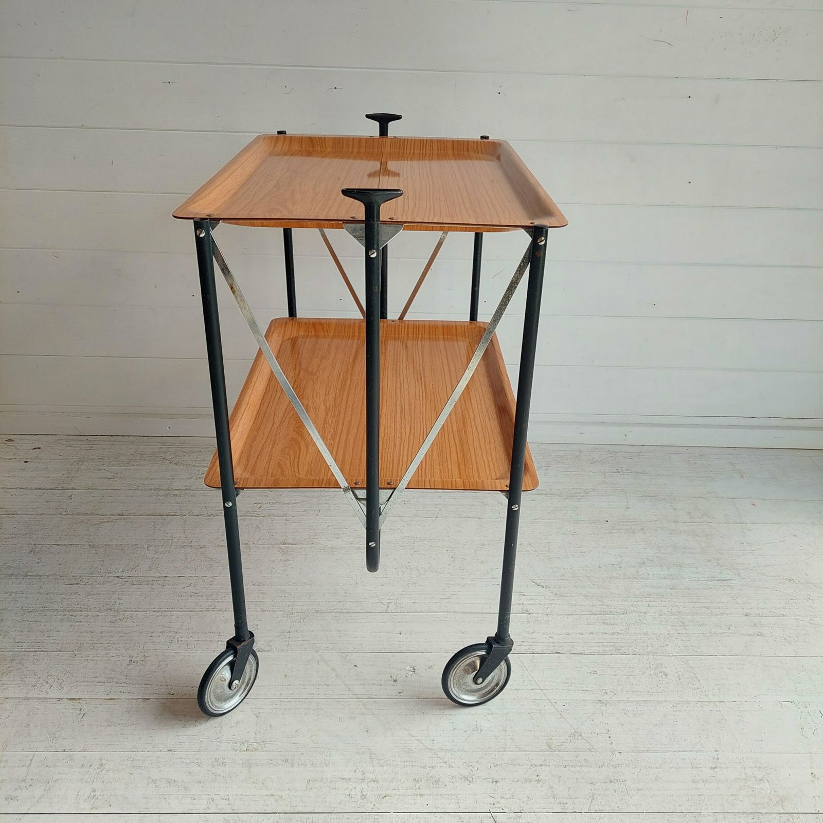 photo buy Mid Century Foldable Serving Teak Formica Trolley 2 Tier Bar Cart, 1960s