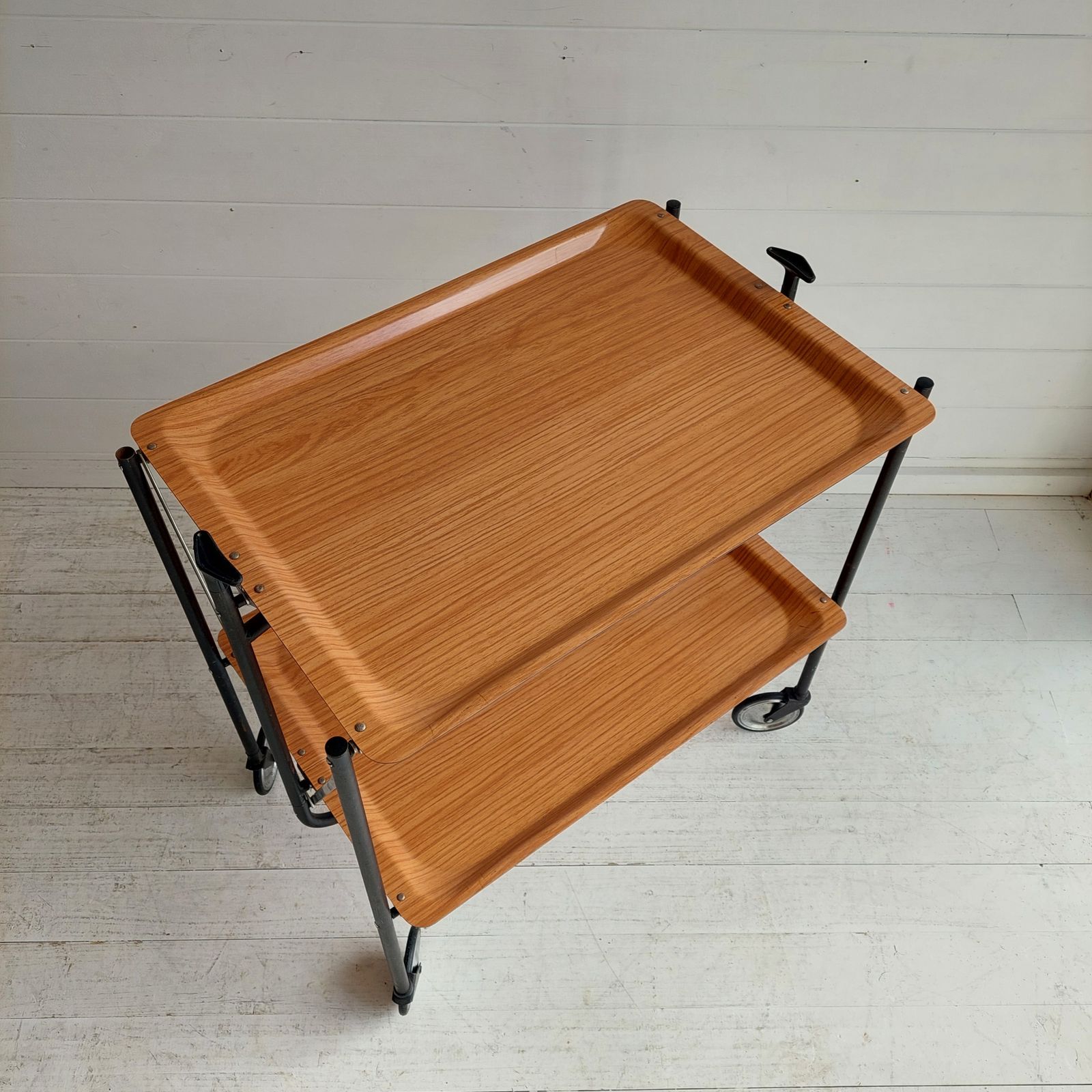 Mid Century Foldable Serving Teak Formica Trolley 2 Tier Bar Cart, 1960s photo furniture