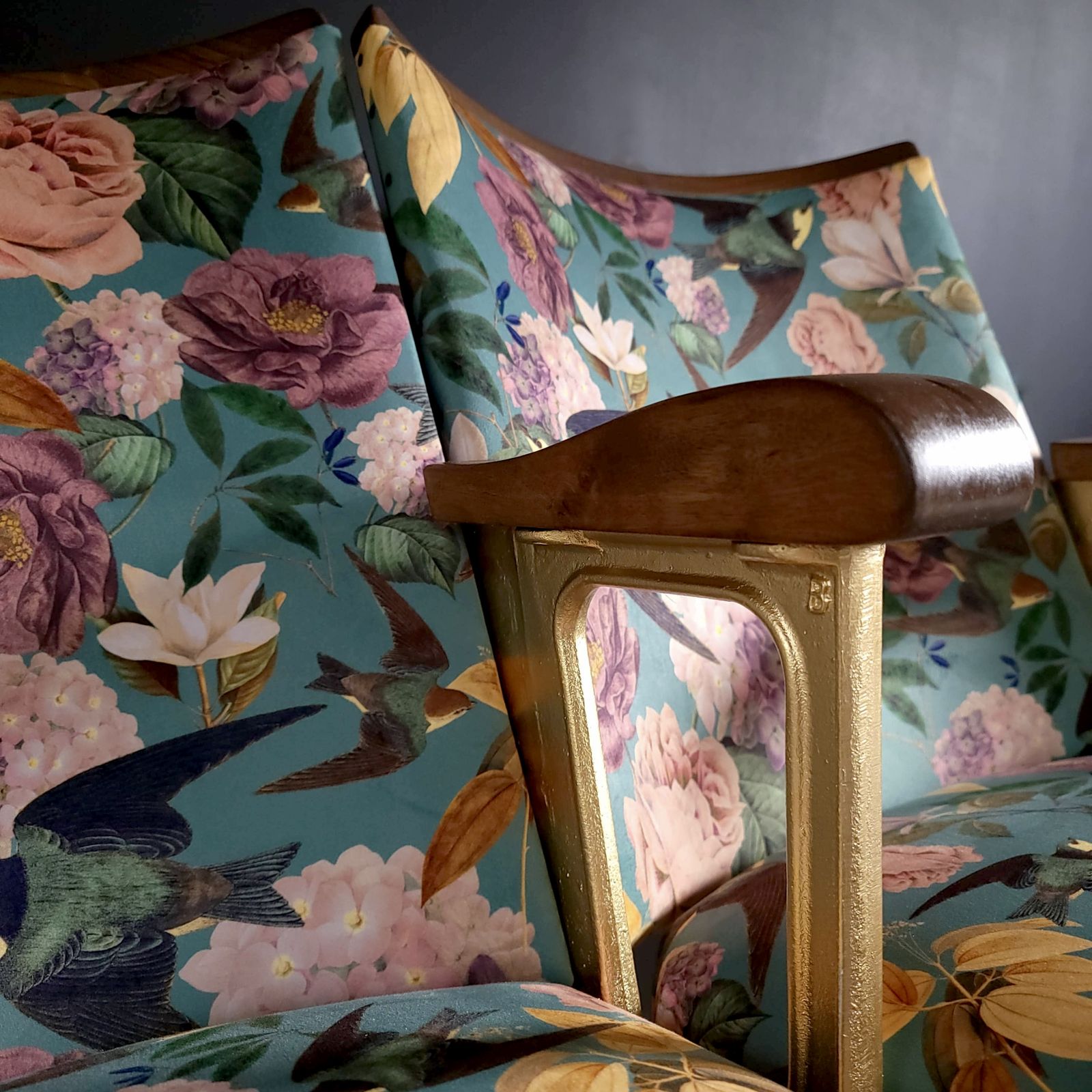 Two Refurbished Vintage Cinema Seats In Gorgeous Swallows And Blooms Velvet photo Furniture
