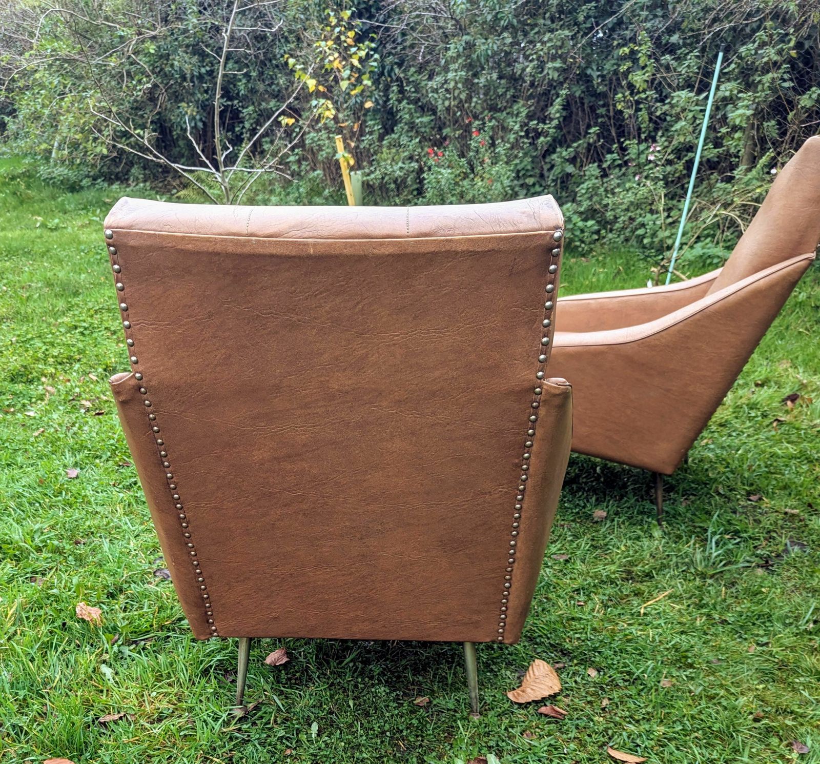 photo for sale Chic Vintage 1960s Italian Armchairs Tapering Brass Supports  Delivery Available 0174.