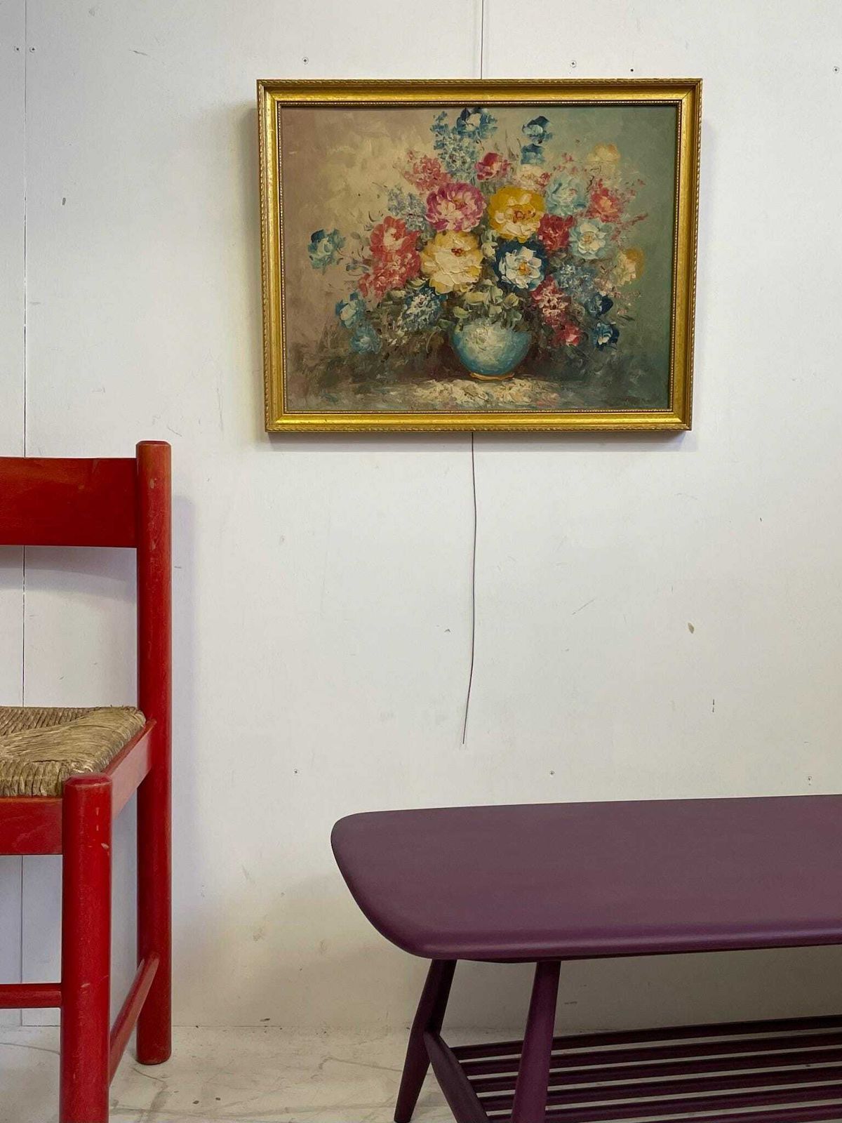 Vintage Floral Painting Expressive Brushstrokes And Slim Gold Frame