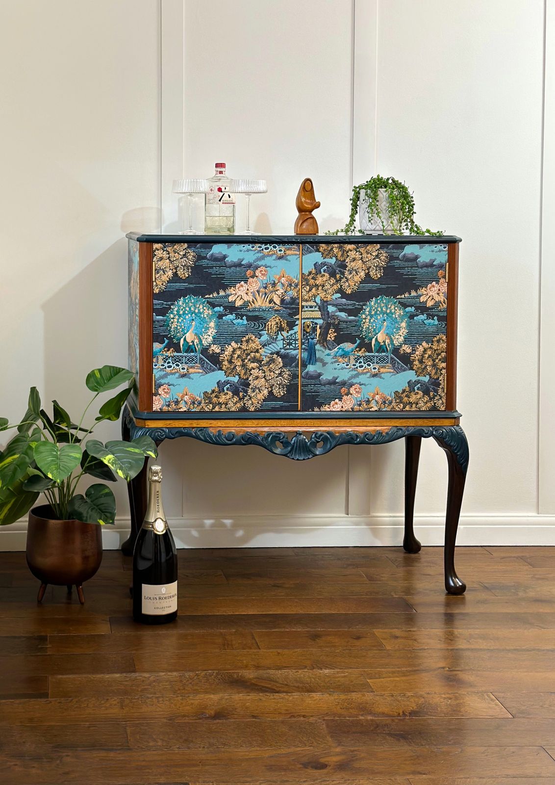 Furniture Oriental Queen Anne Cocktail Cabinet, Blue  Drinks Bar, Living Room Drinks Unit With Carved Details, Statement Furniture, Made To Order. photo