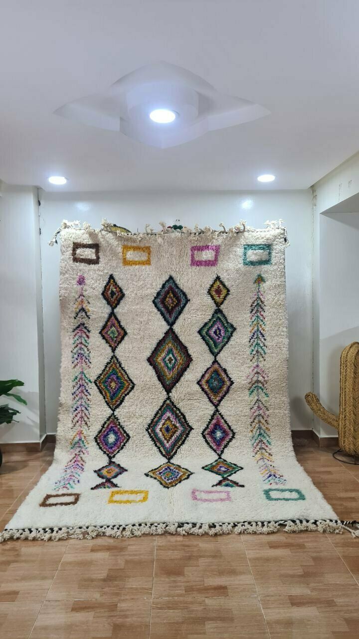 Traditional Moroccan Beni Ouarain Rug With Colorful Diamond Motifs – Handwoven Berber Carpet photo furniture
