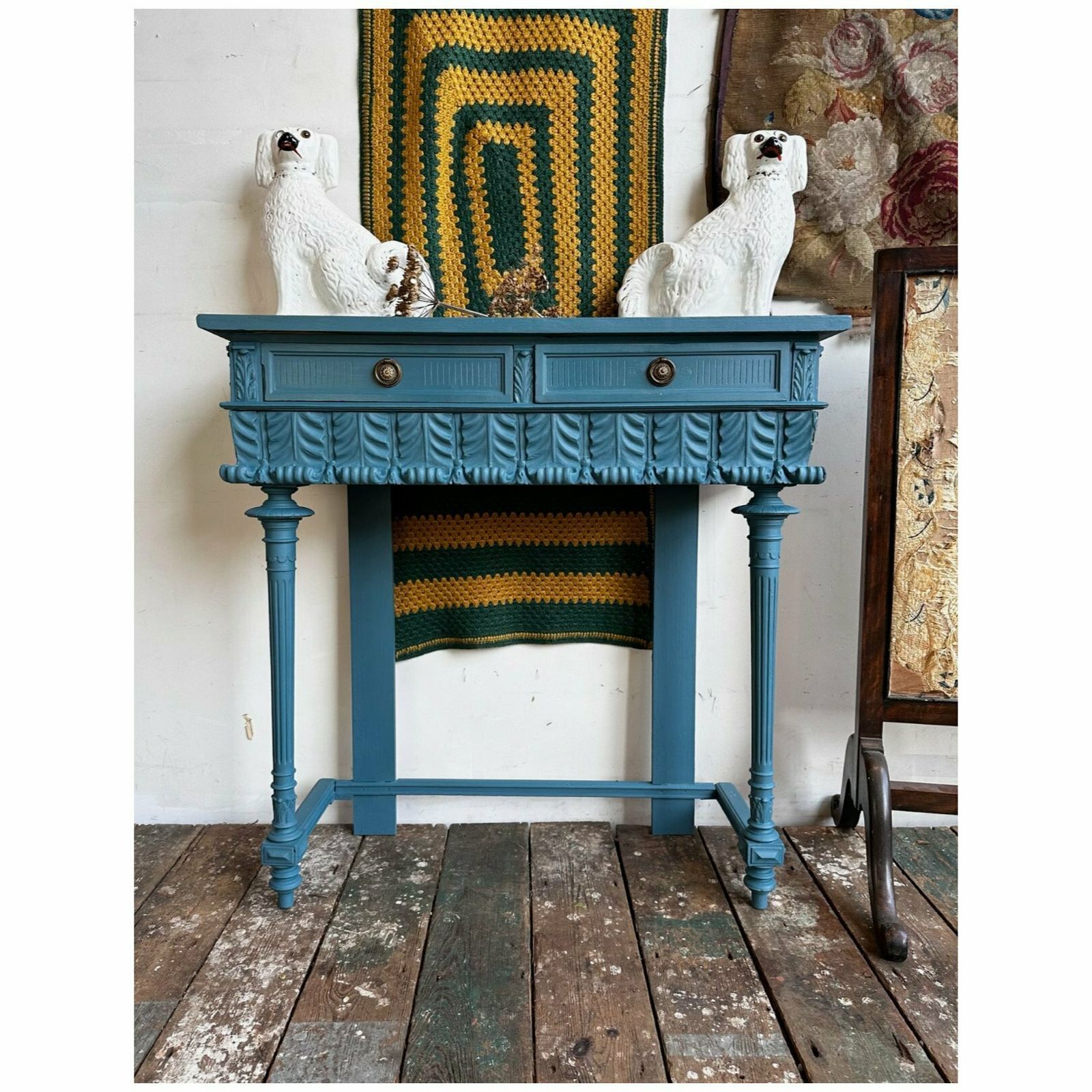 Antique French 2 Drawer Console Table Overpainted In Annie Sloan C.1900