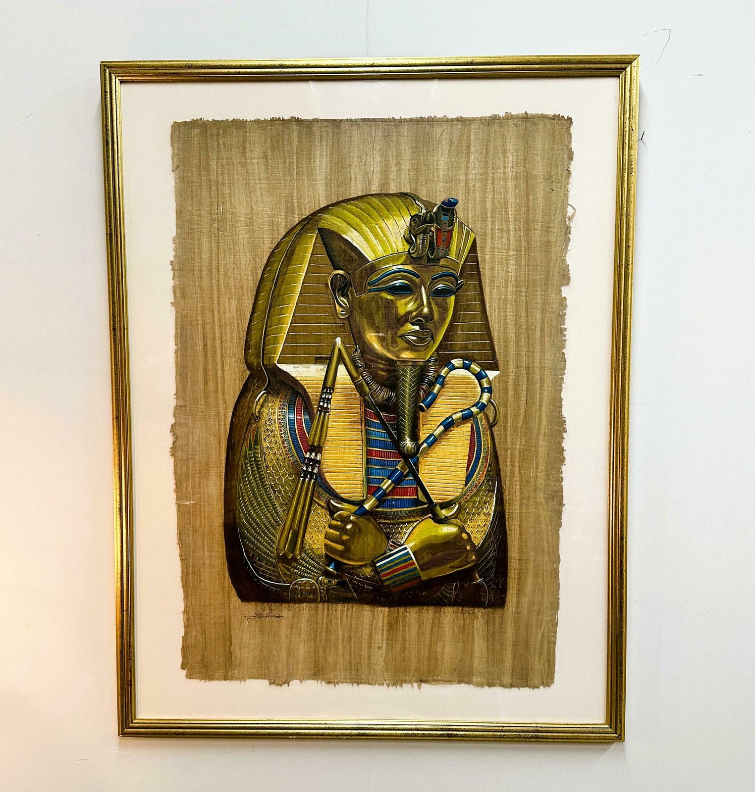 Groot Gesigneerd Schilderij Van Toetanchamon Op Egyptische Papyrus, Jaren 1980.