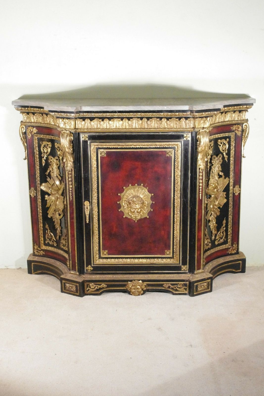 19th Century French Gilt Metal Mounted Ebonised Cabinet With Marble Top