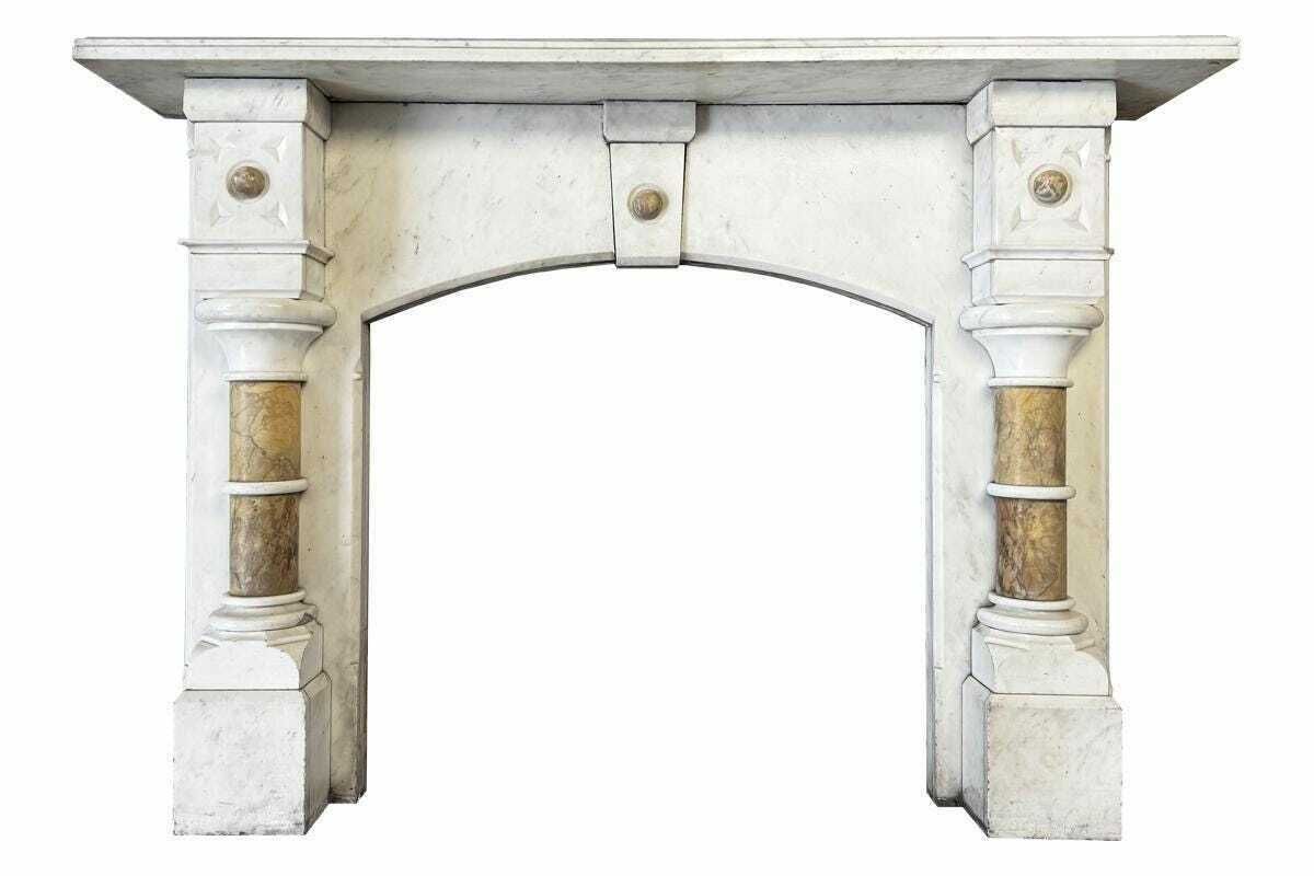 photo for sale Antique Victorian Pillared Lightly Grained Carrara Marble Fireplace Surround
