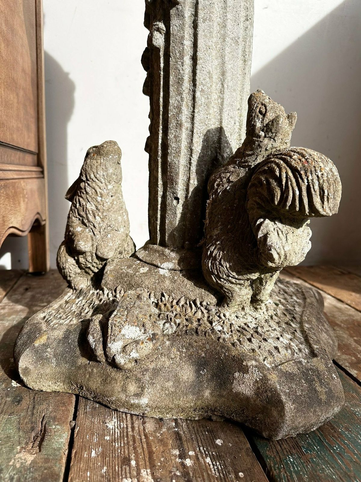 Composite Stone Pan Figure On Reeded Column W/ Woodland Animals C.1940 photo for sale