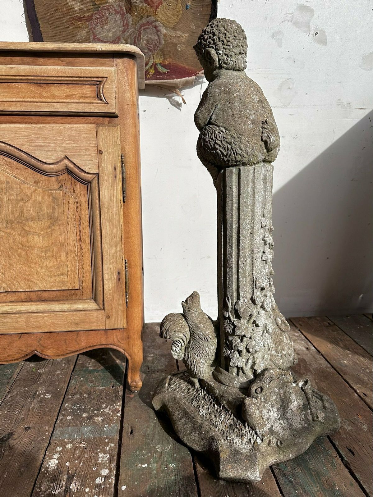 Composite Stone Pan Figure On Reeded Column W/ Woodland Animals C.1940 photo vintage
