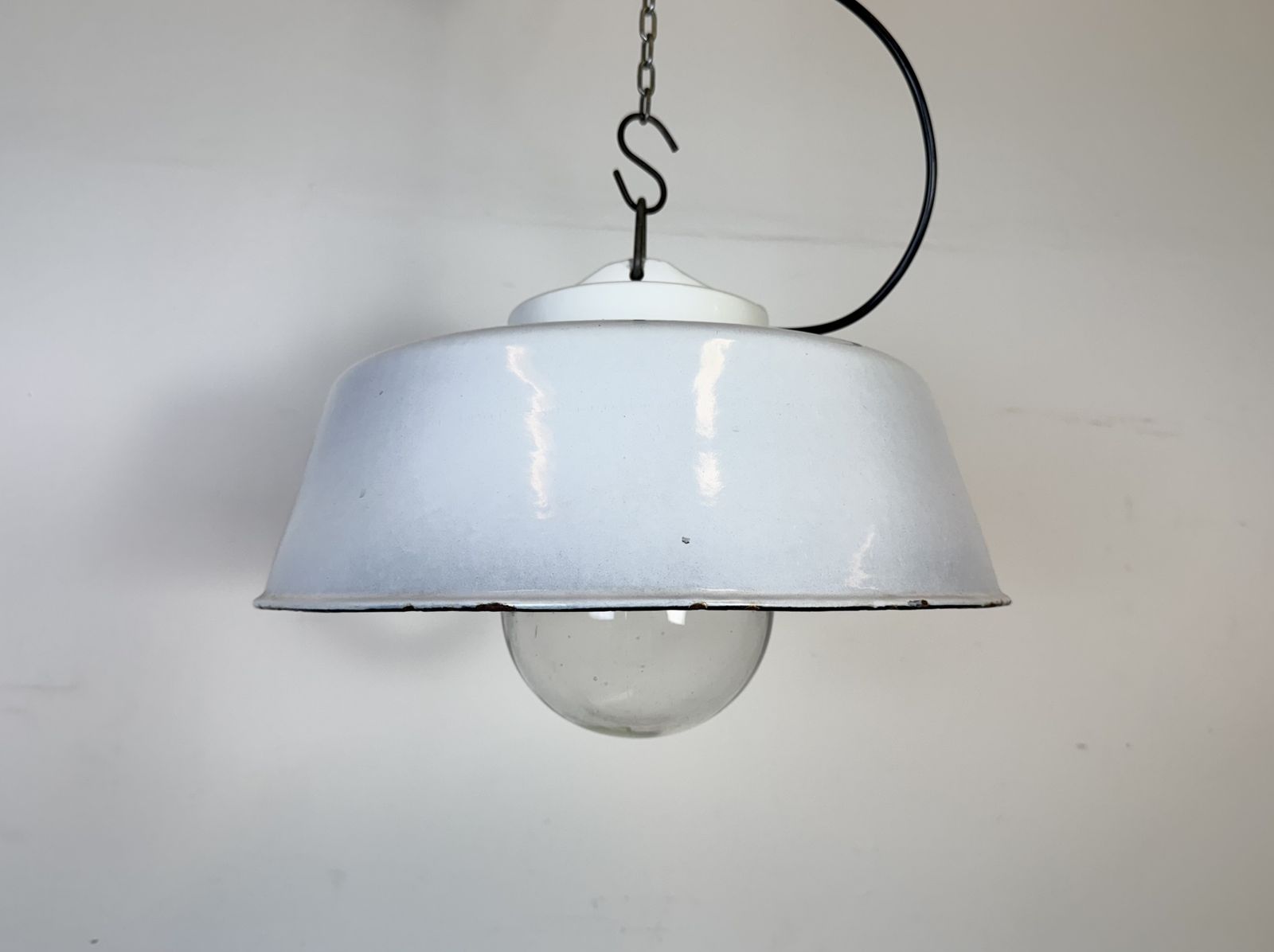 Industrial Grey Enamel Factory Pendant Lamp With Glass Cover, 1960s photo furniture