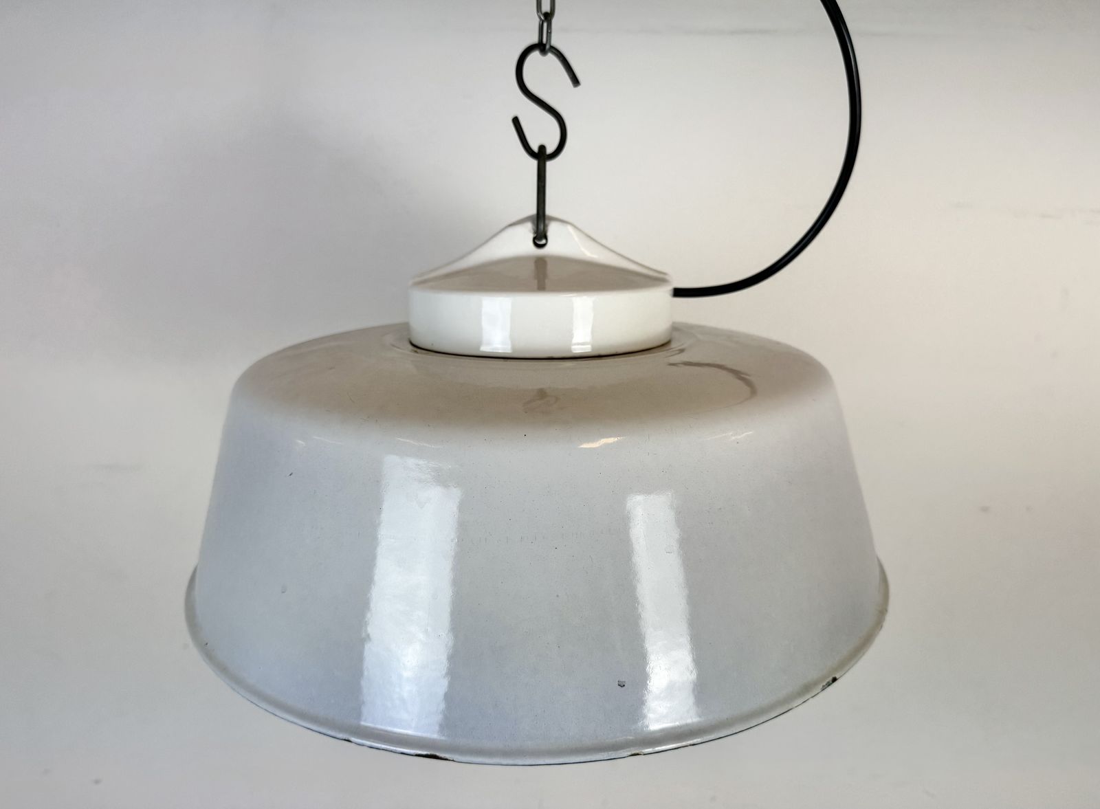 Industrial Grey Enamel Factory Pendant Lamp With Glass Cover, 1960s photo Lighting