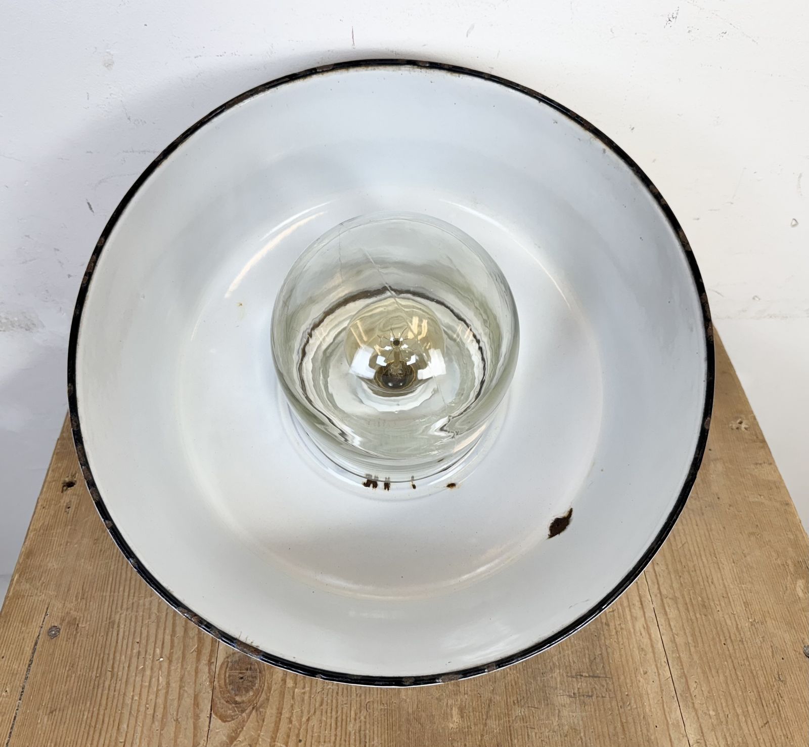 Industrial Grey Enamel Factory Pendant Lamp With Glass Cover, 1960s photo 199.0