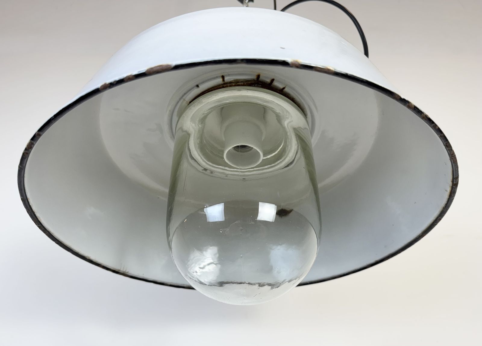 Industrial Grey Enamel Factory Pendant Lamp With Glass Cover, 1960s photo buy