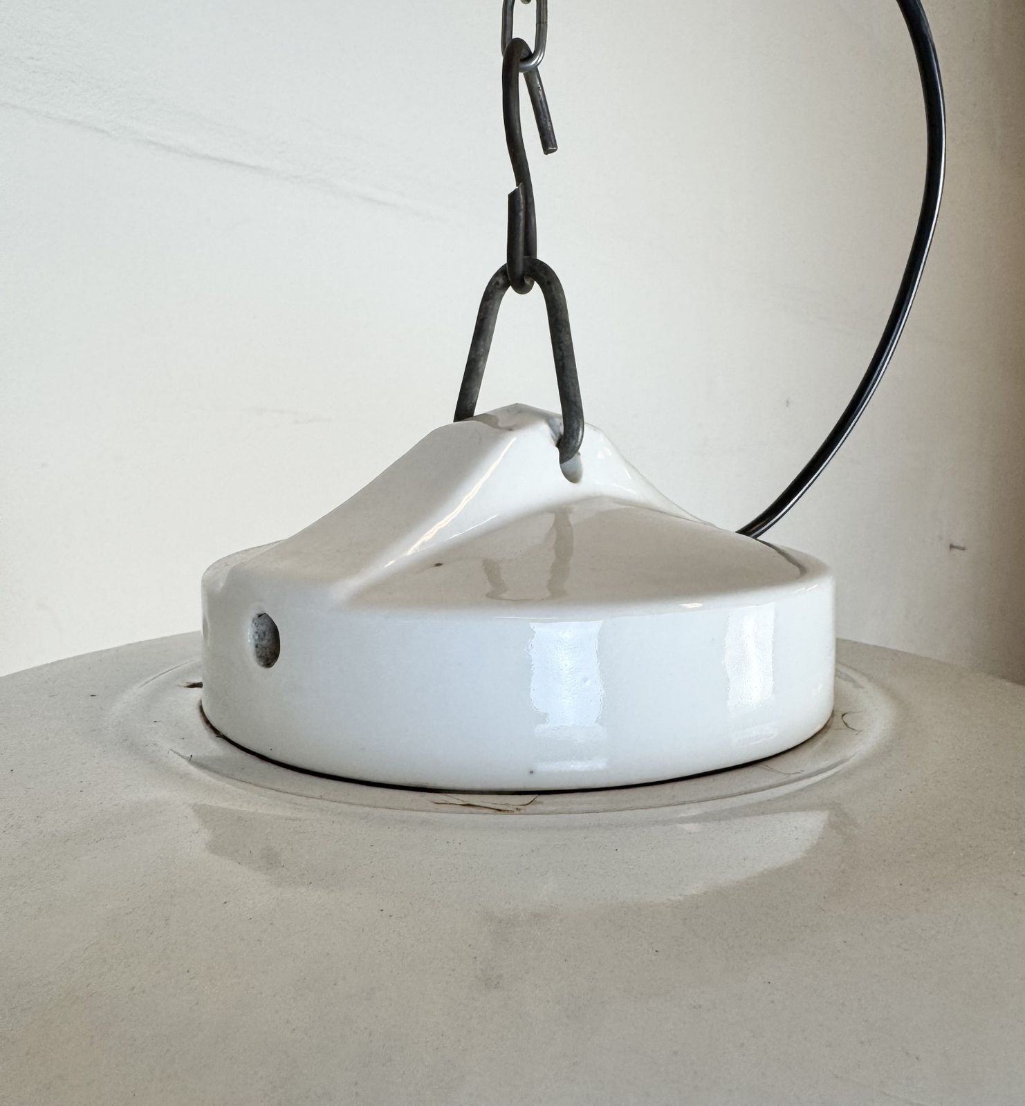 Industrial Grey Enamel Factory Pendant Lamp With Glass Cover, 1960s photo vintage