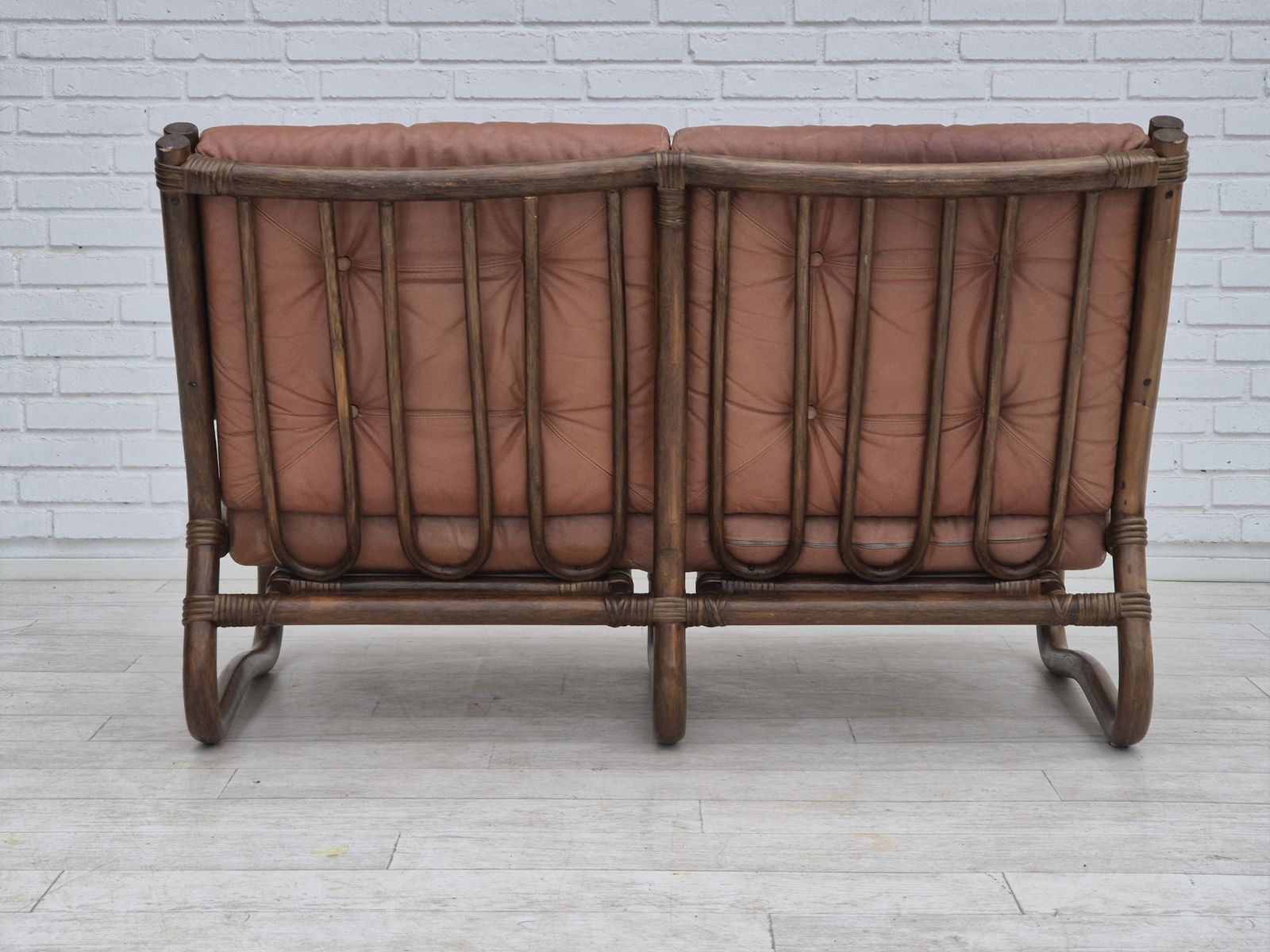 1970s, Scandinavian 2 Seater Sofa, Original Very Good Condition, Bamboo, Leather. photo furniture