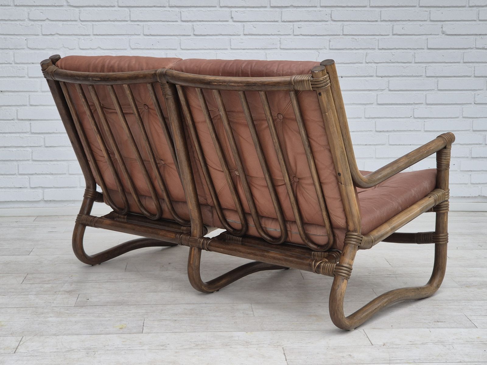 1970s, Scandinavian 2 Seater Sofa, Original Very Good Condition, Bamboo, Leather. photo 1580.0