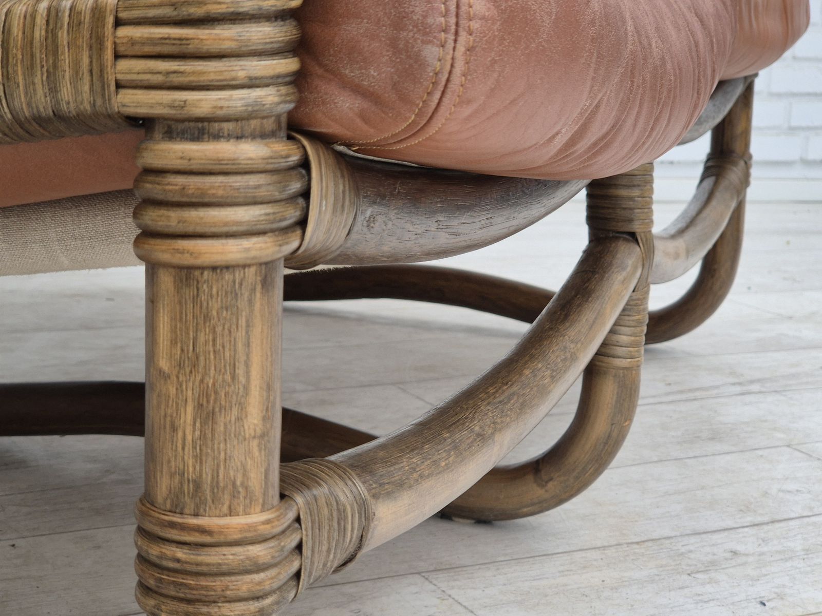 1580.0 1970s, Scandinavian 2 Seater Sofa, Original Very Good Condition, Bamboo, Leather. photo