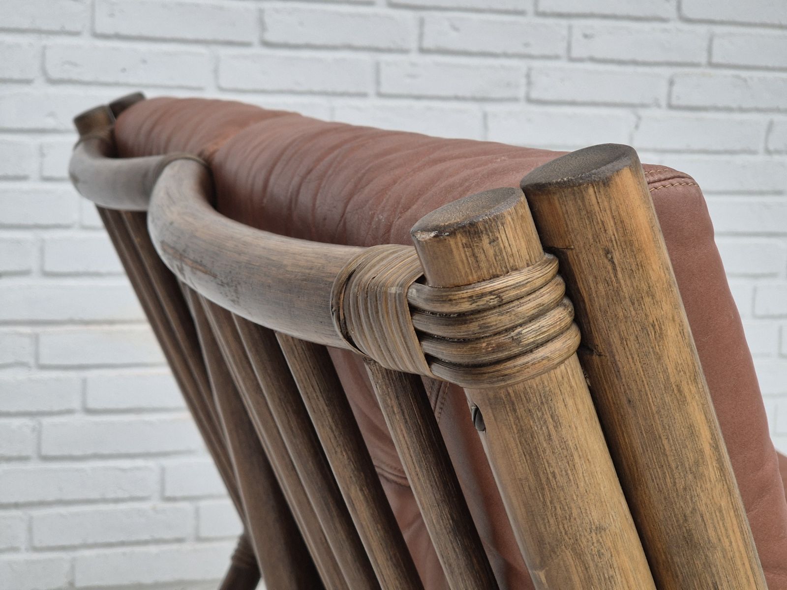 photo buy 1970s, Scandinavian 2 Seater Sofa, Original Very Good Condition, Bamboo, Leather.