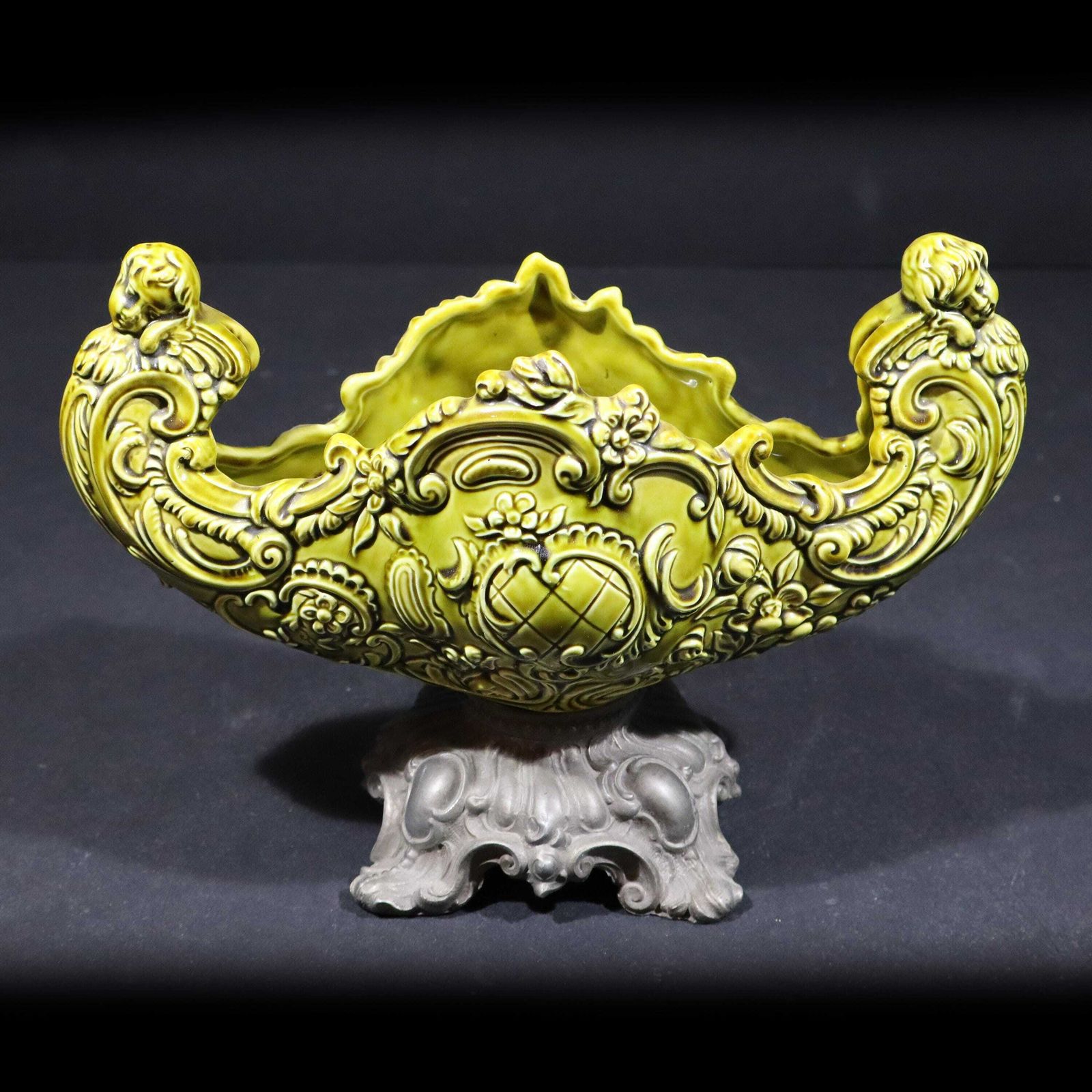 Antique Majolica Planter By Schütz Cilli Austrian Green Ceramic Jardiniere With Cherubs photo furniture