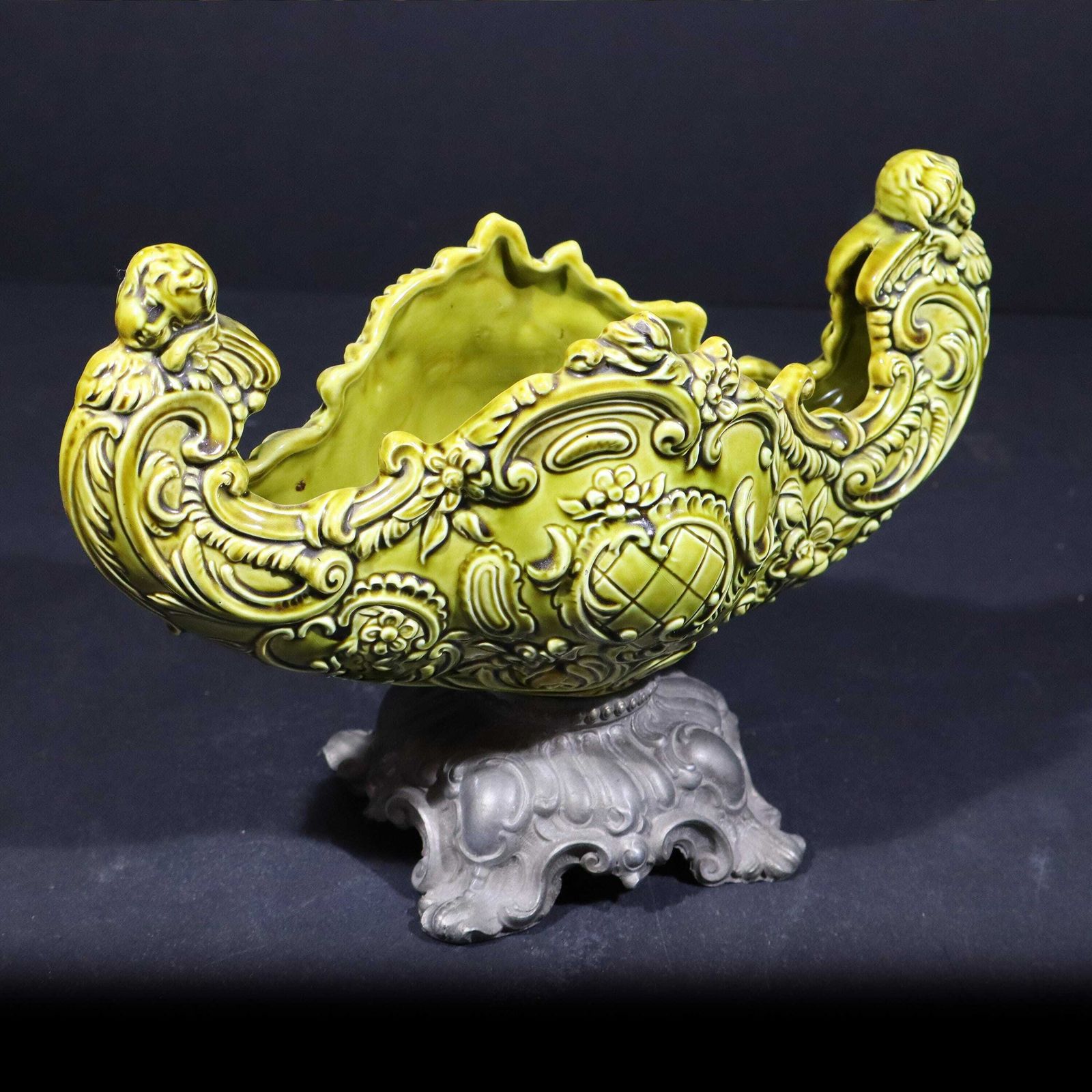 Antique Majolica Planter By Schütz Cilli Austrian Green Ceramic Jardiniere With Cherubs
